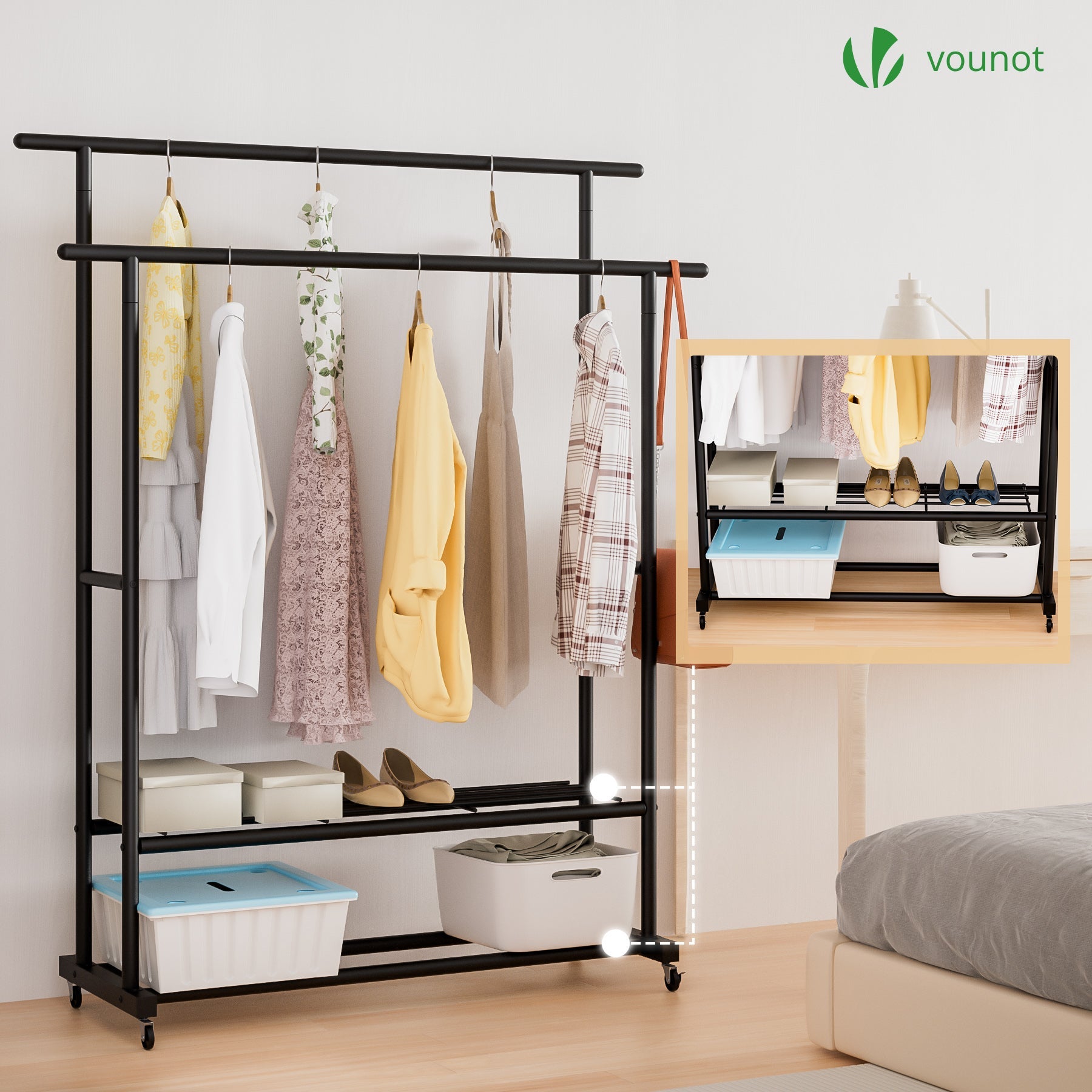 Portant a Vetements double avec roulettes et 2 etageres de rangement 120x40x146cm metal Noir VOUNOT® - 4