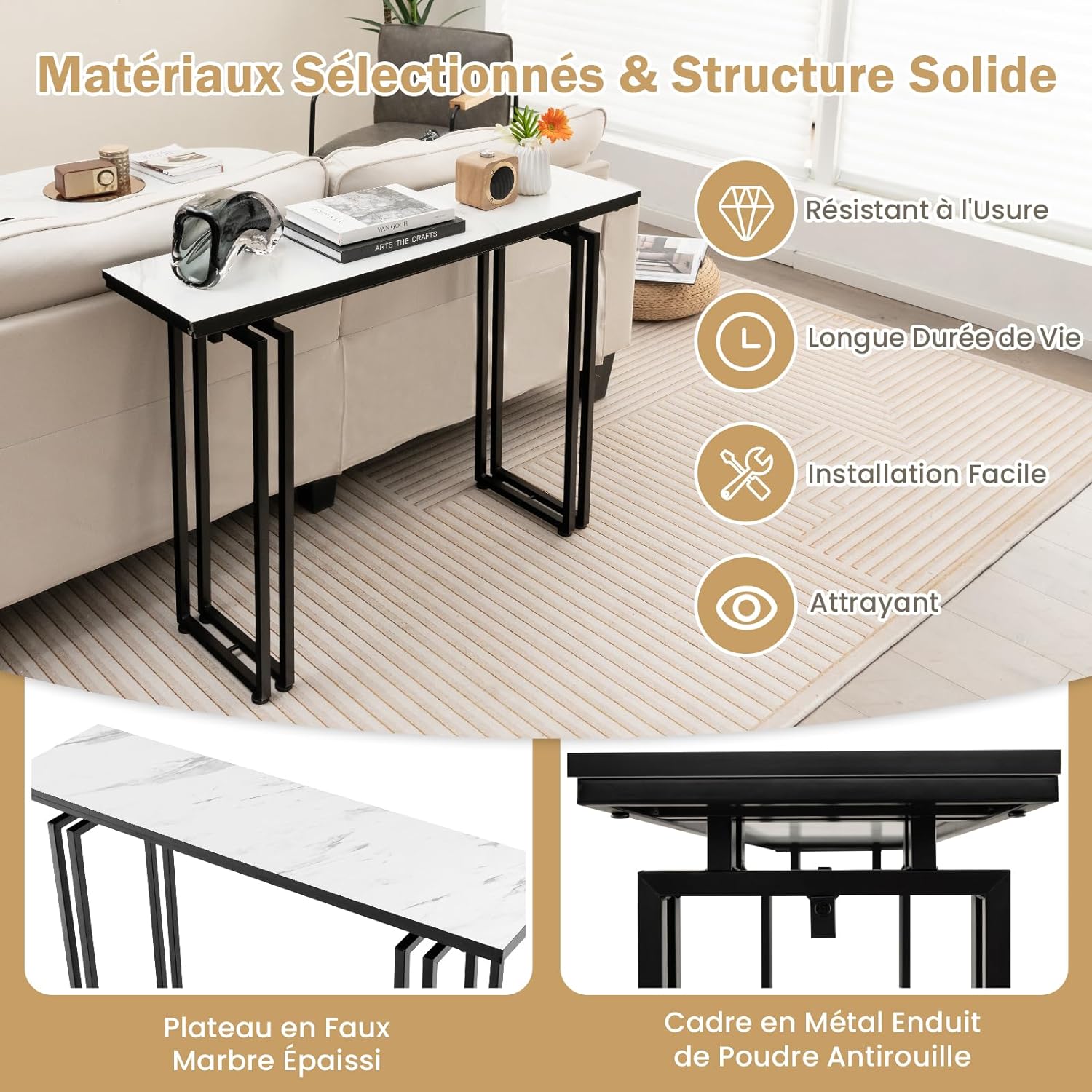 Tavolo Consolle 110cm, Tavolo da Ingresso con Piano in Finto Marmo, Struttura in Metallo e Poggiapiedi Regolabili, Tavolino da Divano Moderno - 3