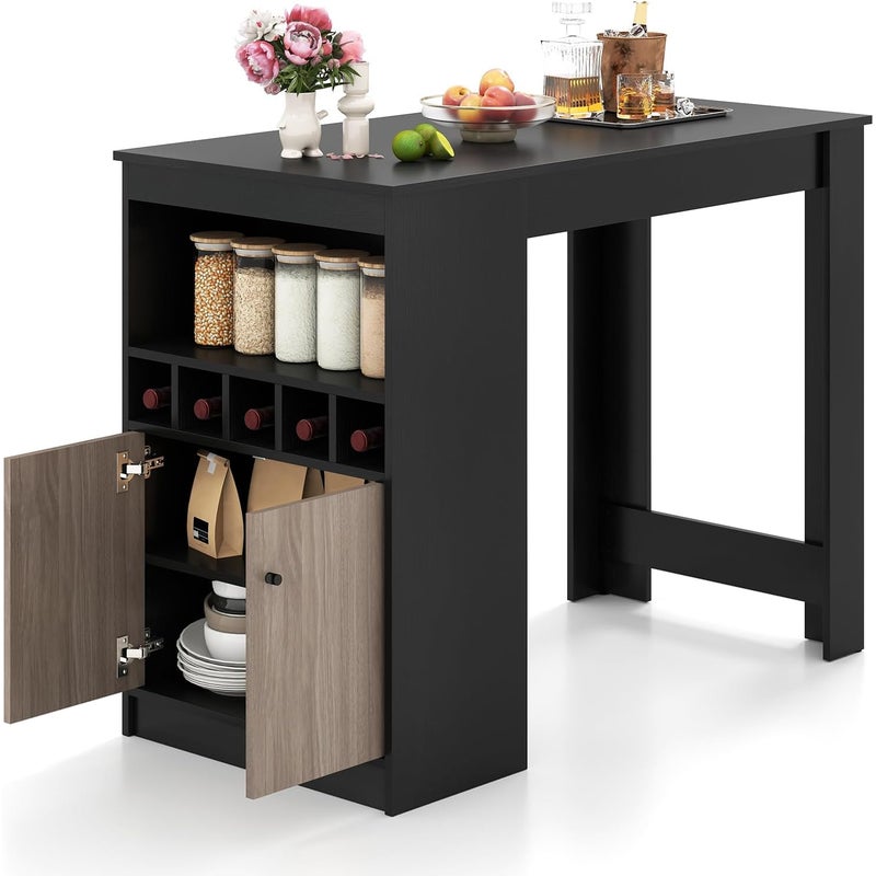 Stół Barowy z Bocznym Schowkiem, Wysoki Stół Kuchenny, Regał na Wino, Otwarte Przegródki, Zamknięta Szafka z Regulowanymi Regałami