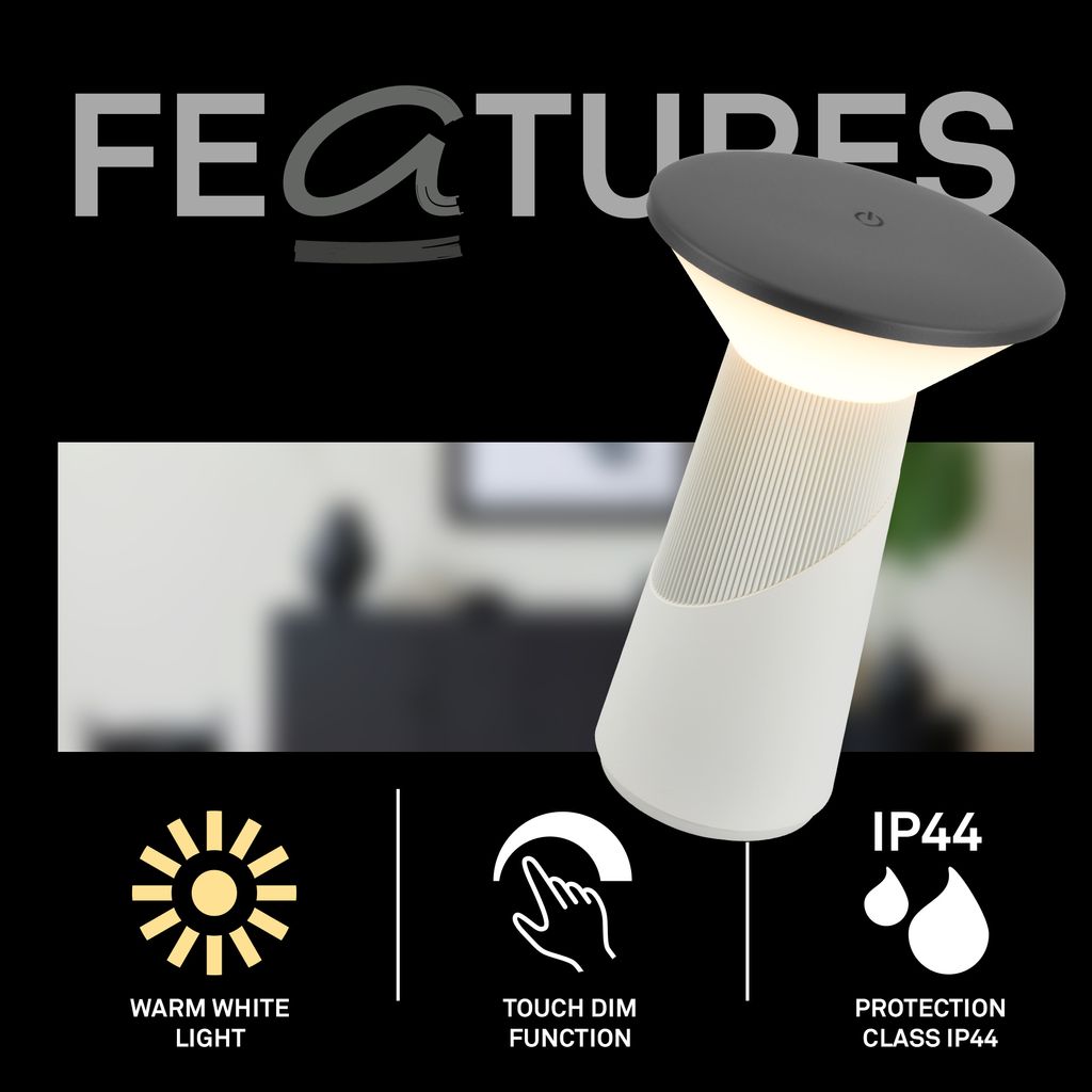 Lampe de table LED - German Design Award - Sans fil - Intensité variable - 15 x 24 cm - Blanc chaud - 2,6 W 200 lm - Briloner - 4