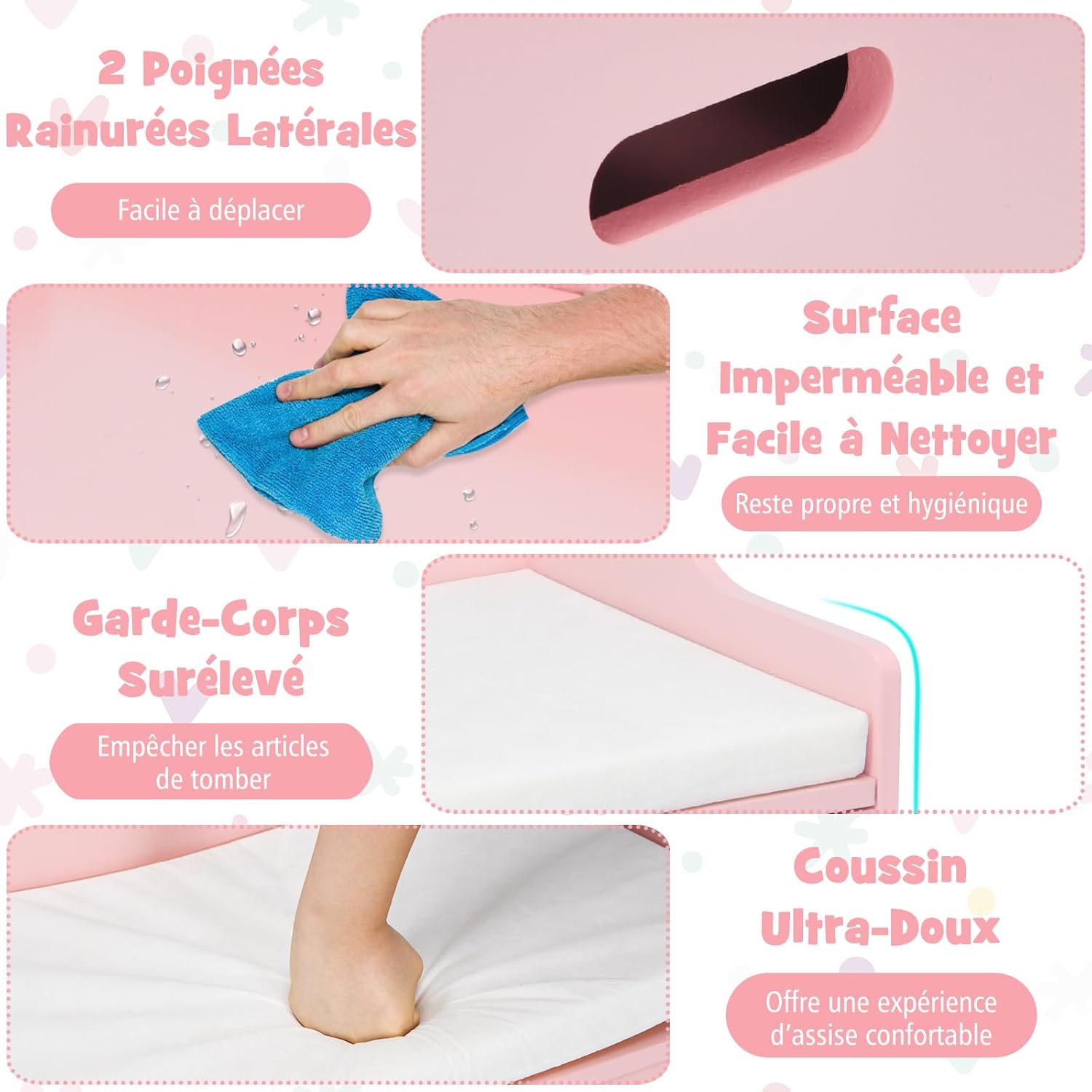 Coffre à jeu en Bois, 4 en 1 Coffre de Rangement avec Banc d'Assise, Couvercle Rabattable, Poignées Latérales, Banc de Rangement (Rose) - 3