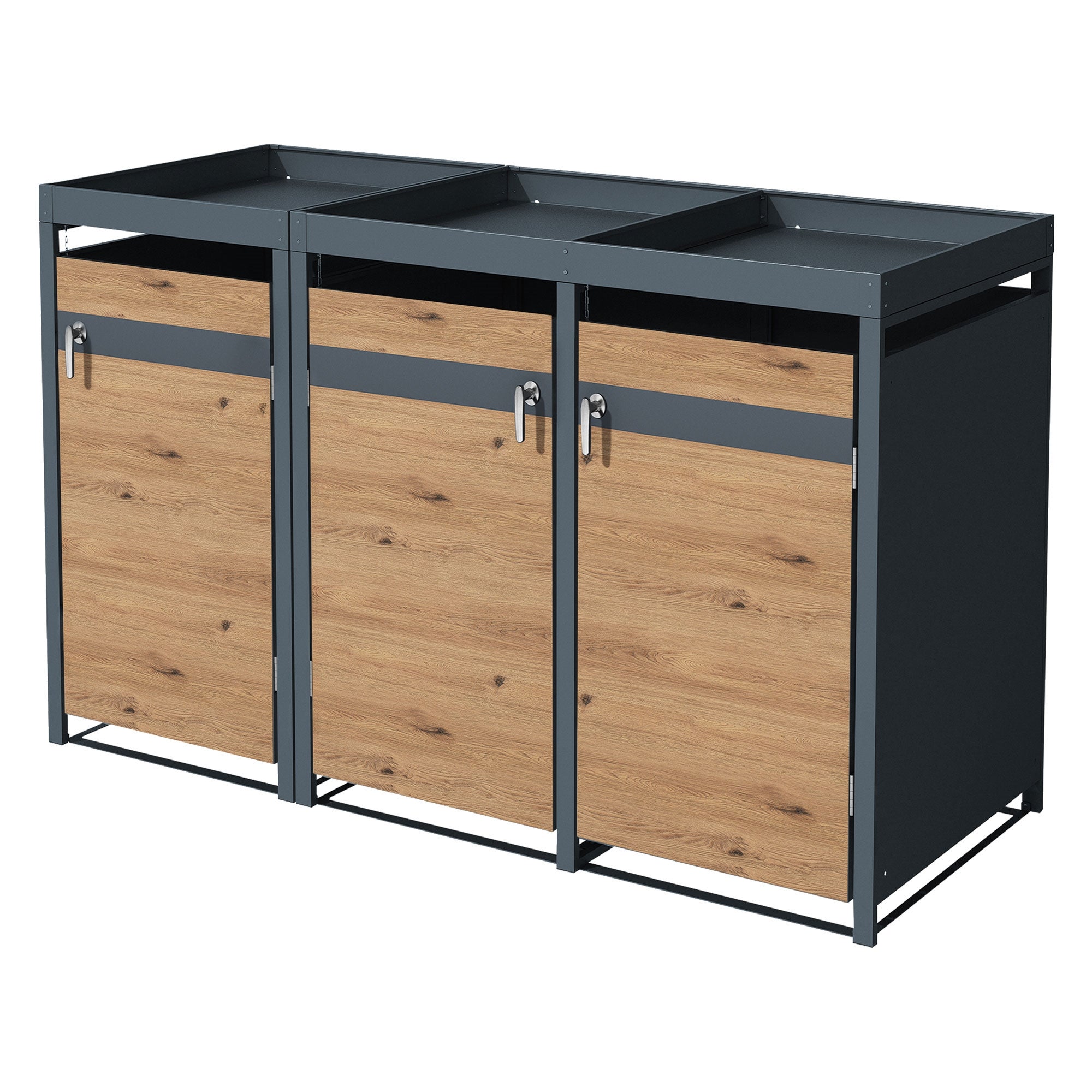 ML-Design pojemnik na odpady z daszkiem na 3 pojemnik 240L 200x80x124 cm dębowy stalowy odporny na warunki atmosferyczne zamykany z drzwiczkami