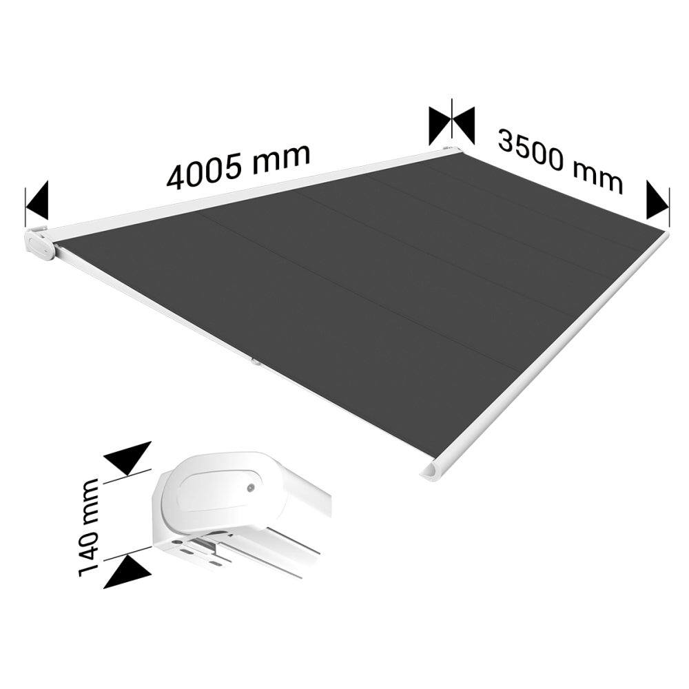 Store banne Coffre intégral PROTECT 2 LED SMART Blanc 4,05x3,50m Motorisé à télécommande + Capteur Vent + Eclairage LED - Toile Grise Anthracite - 4