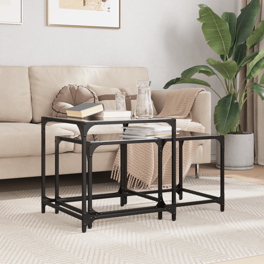 2 peças Mesas de Café，Mesa de centro Nesting com tampo de vidro preto em aço CFW669165 - 2