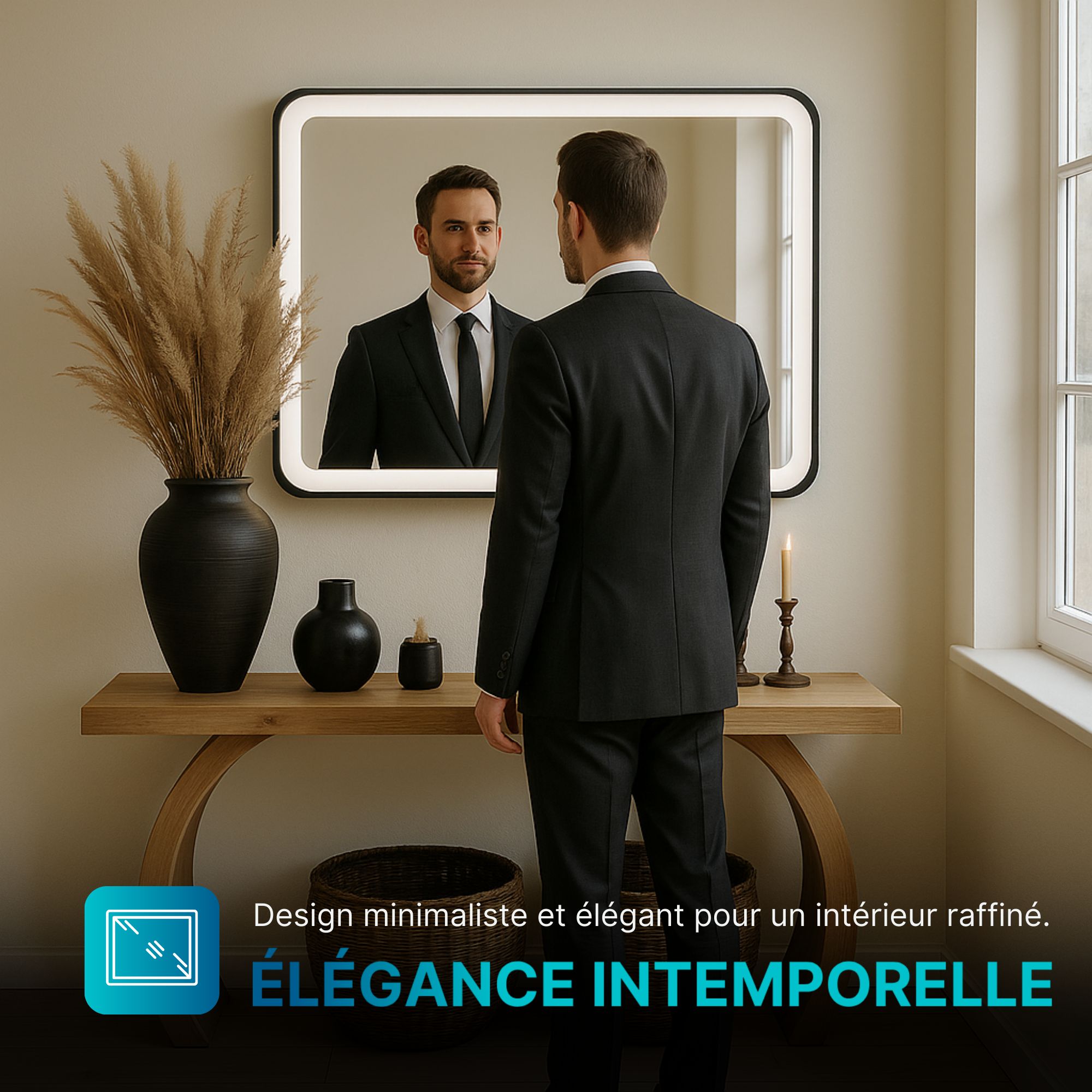 Miroir LED 70x100 Cm Avec Cadre Aluminium Noir - Éclairage Frontal Dimmable 6000K, Anti-buée