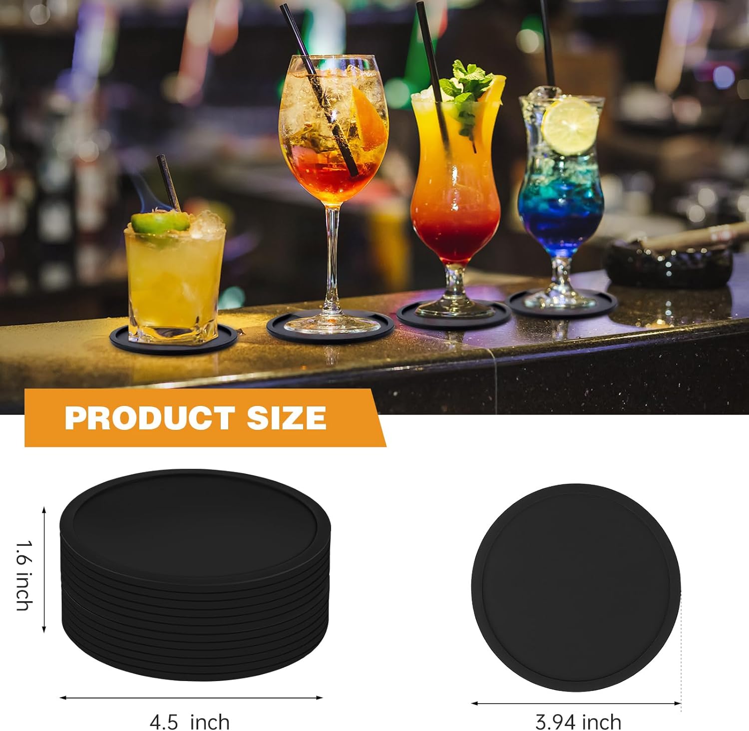 12 Pezzi Sottobicchieri Rotondi In Silicone, Sottobicchieri Neri