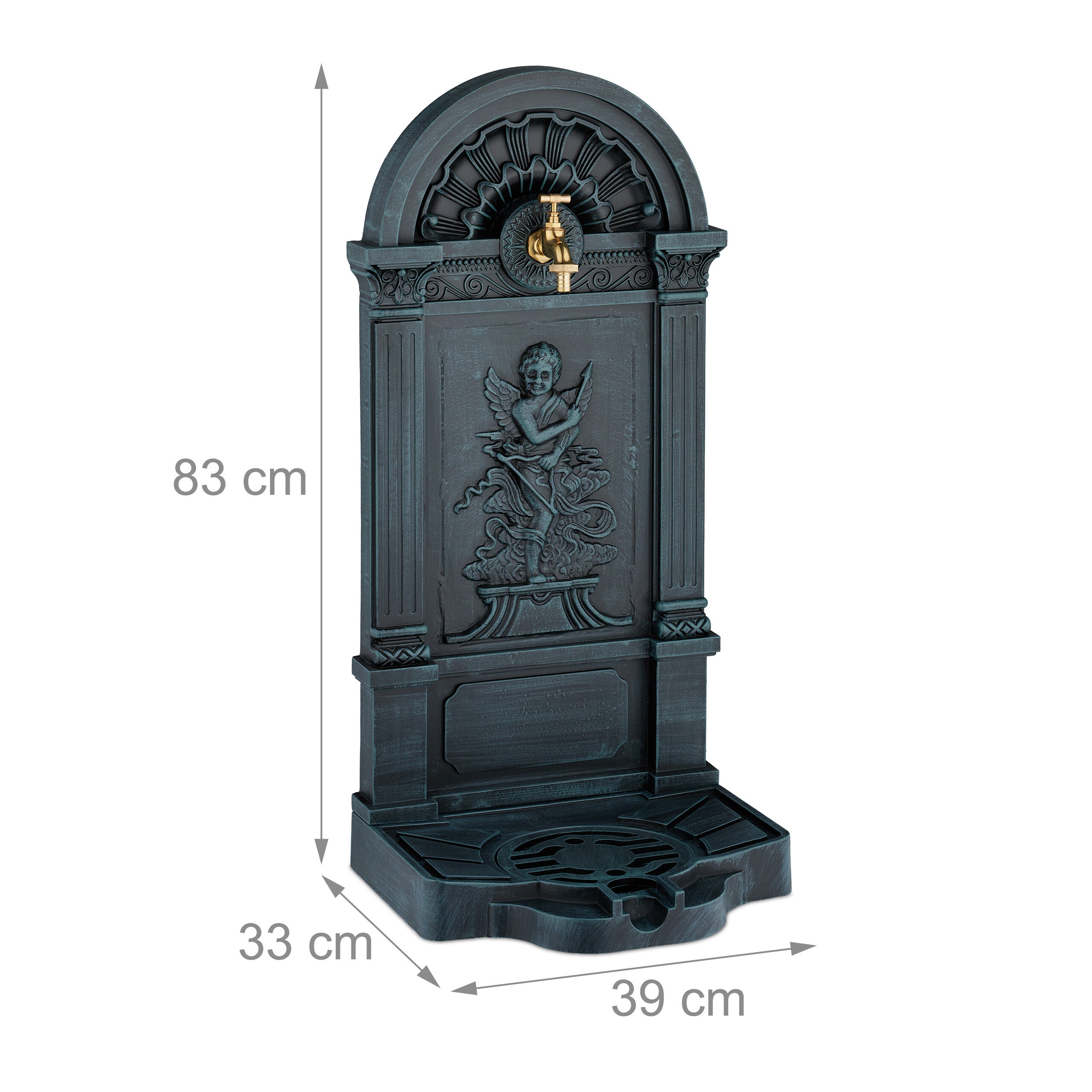 Fontaine extérieure de jardin, design antique, petit ange, H x L x P : 83 x 39 x 33 cm, gris et vert, Relaxdays - 4