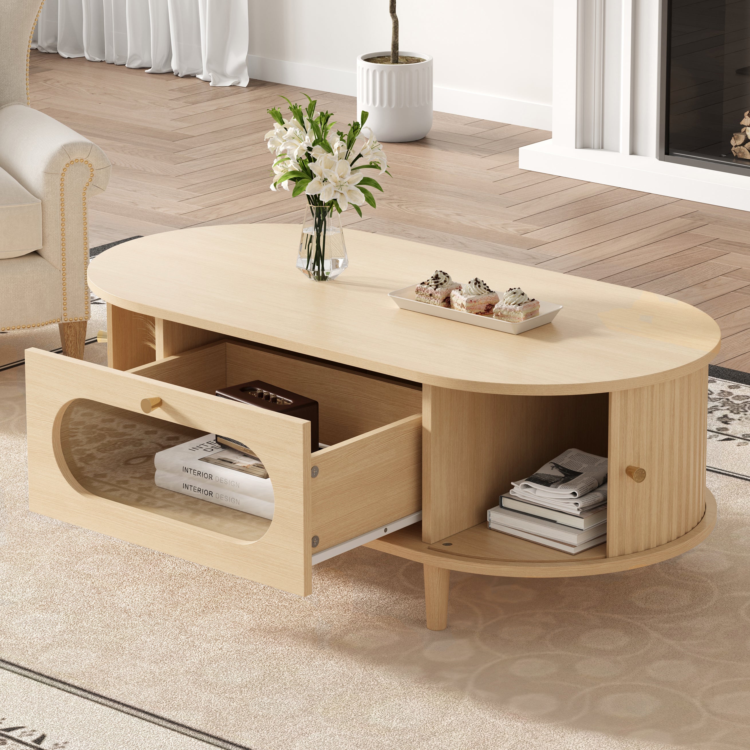 Modernluxe  Mesa De Centro 100X50x36 Cm En Chapa De Nogal, 1 Cajón Y 2 Puertas Correderas, Mdf, Natural , Leroy Merlin