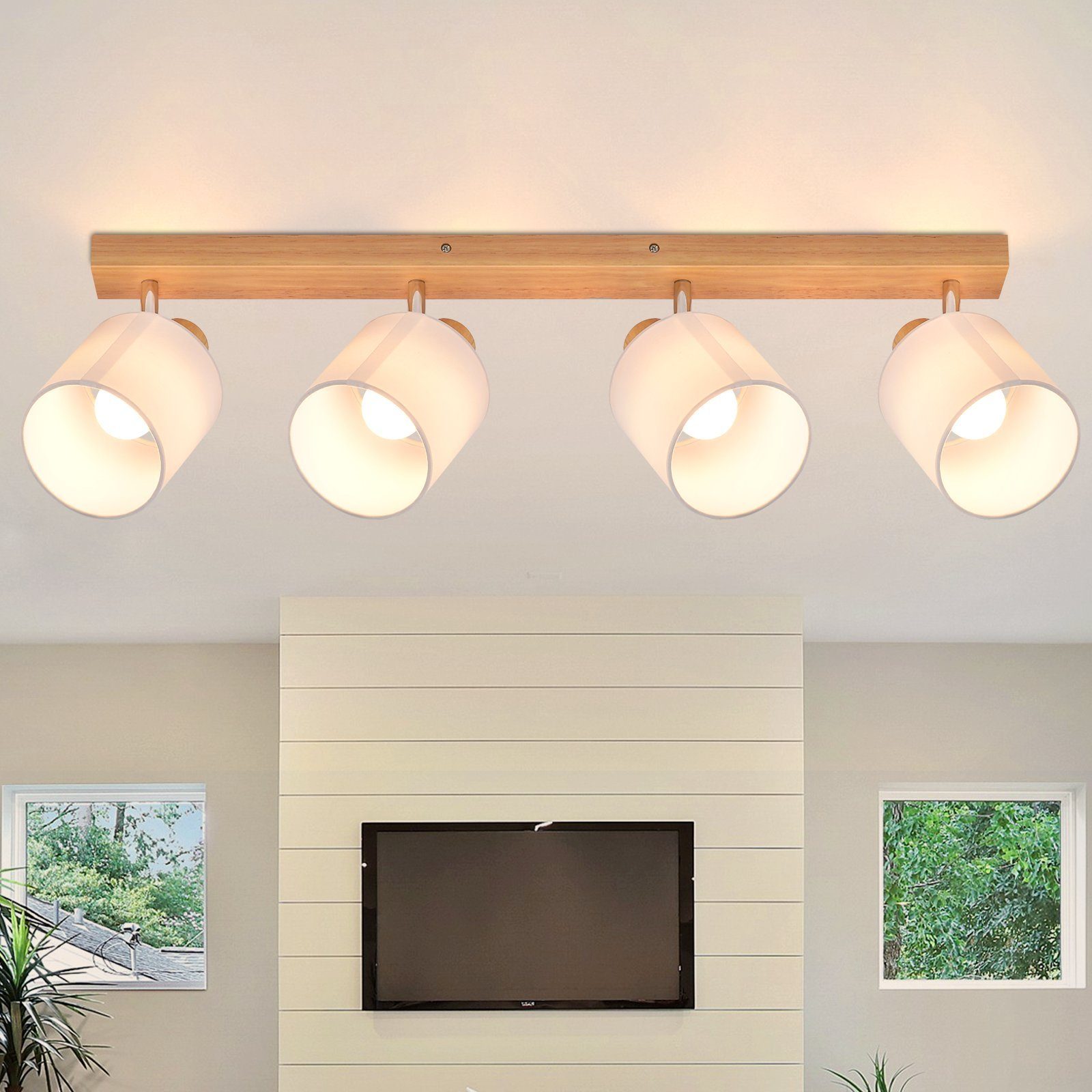 Nettlife Reflektorowa sufitowy 4-punktowy E14, drewniany, obrotowy 350°, z abażurem z tkaniny, Max. 25W