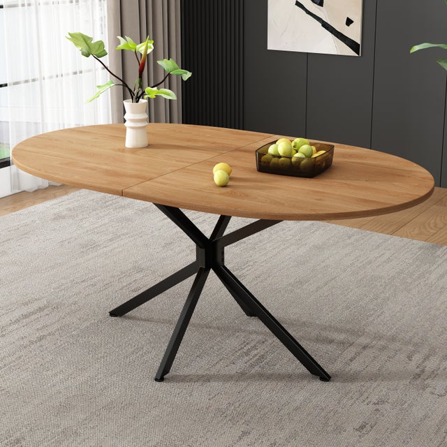 Mesa de jantar oval para 4 a 6 pessoas - 120 x 80 x 75,5 - MDF e pés em metal - Natural