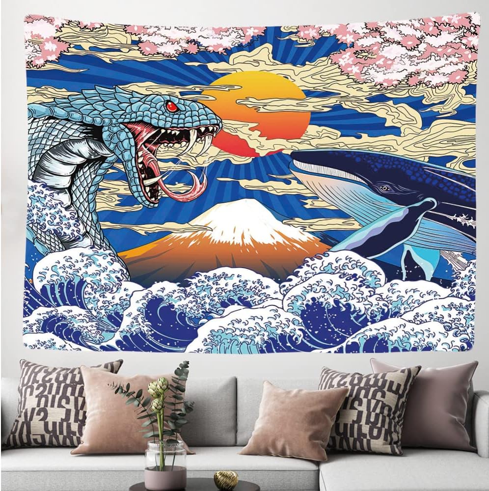 Gobelin ścienny z japońskim wzorem wieloryba i węża, 200 x 150 cm, duży gobelin, plakat, tkanina, dodatki do sypialni, salonu i akademika. - 2