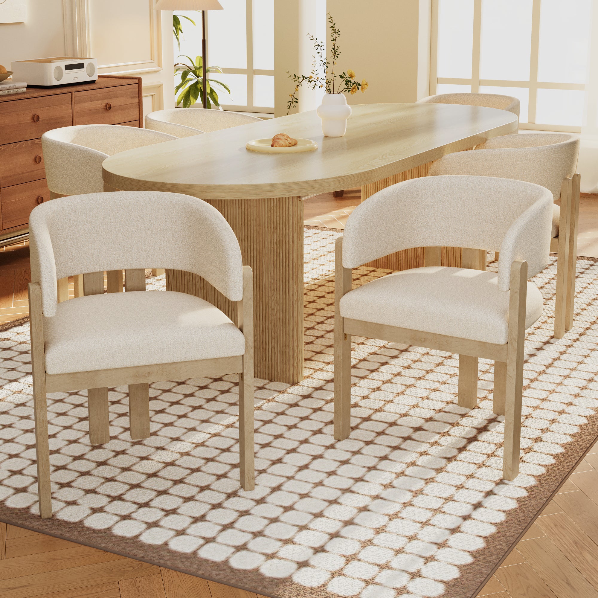 Zestaw 6 krzeseł do jadalni z podłokietnikami - 60 x 51 x 80 cm - tkanina bouclé i nogi z litego drewna - naturalny