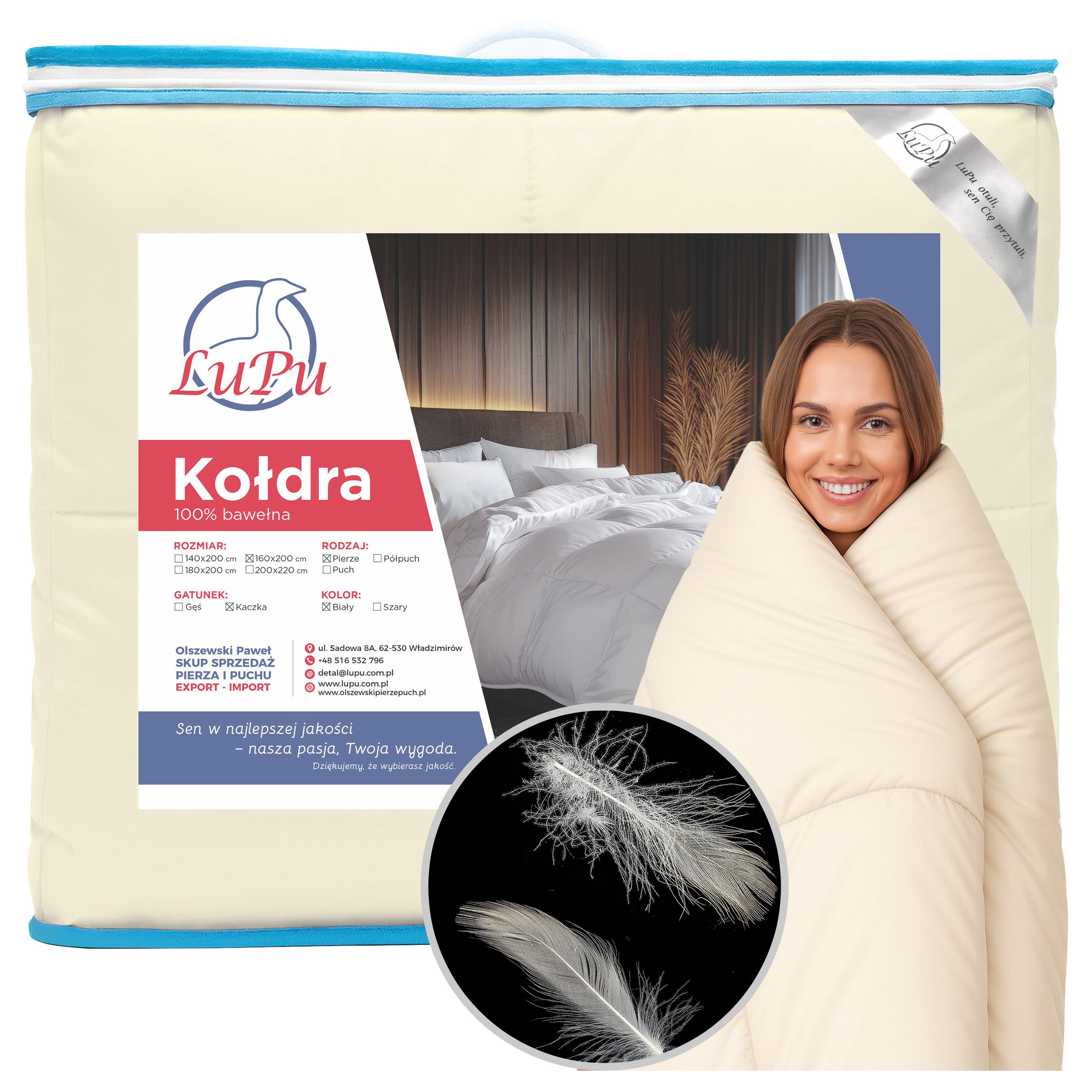 Kołdra Puchowa LuPu 160x200 całoroczna antyalergiczna Ecru Pierze Kacze 1szt