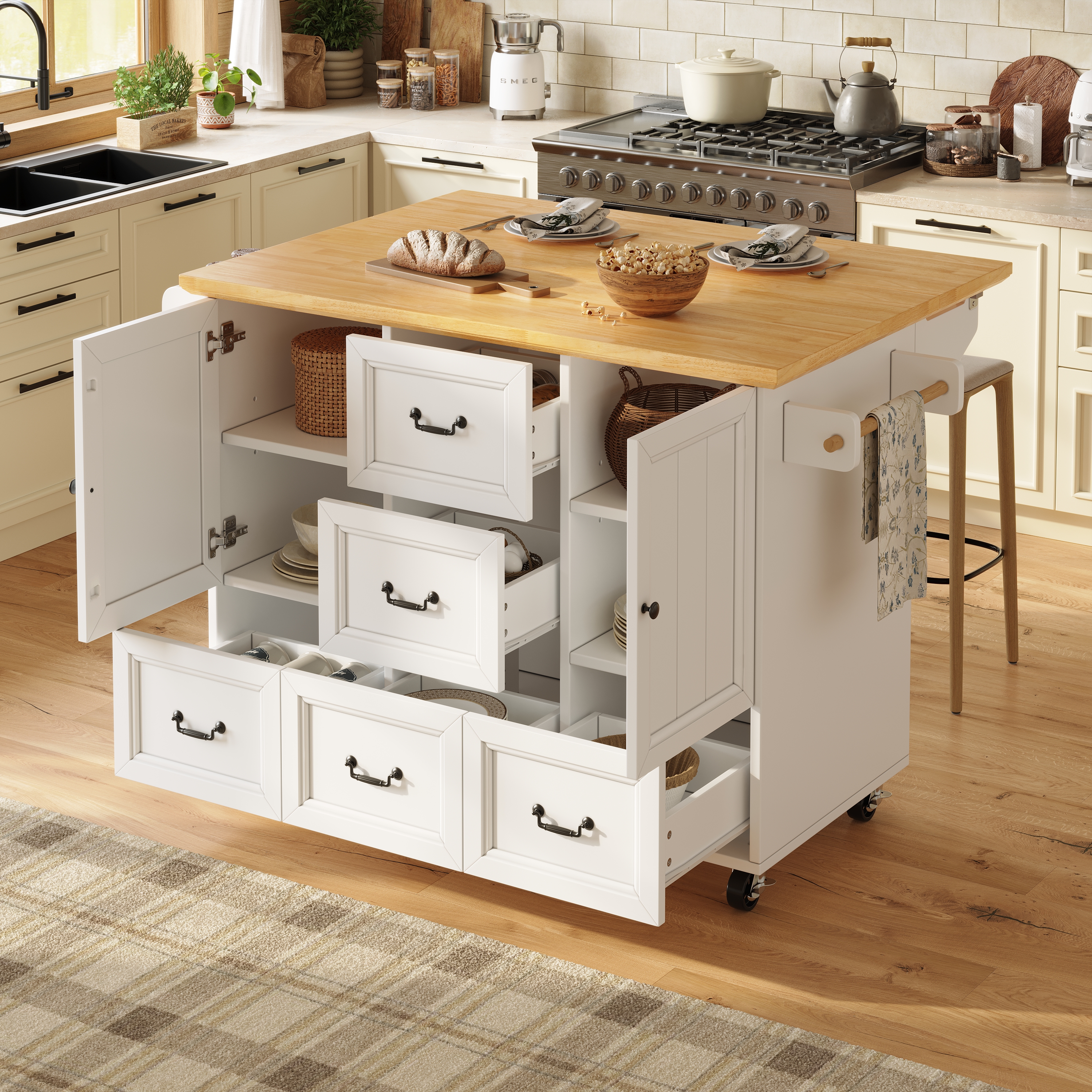 Mobilna wyspa kuchenna z 2 drzwiami i 5 szufladami - Wysuwany blat - 120 x 45/73 x 93 cm - MDF + Metal - Biały + naturalny