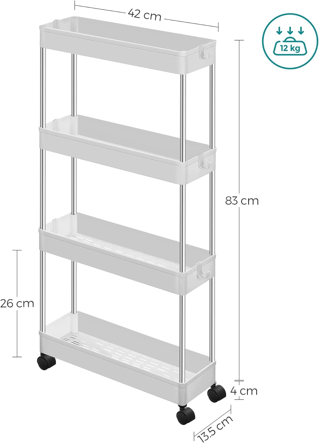 Desserte à roulettes, Chariot de Rangement, Étagère Roulante, 4 Niveaux, Gain de Place, pour Salle de Bain, Cuisine, Bureau, 40 x 13,5 x 86 cm, Blanc - 5