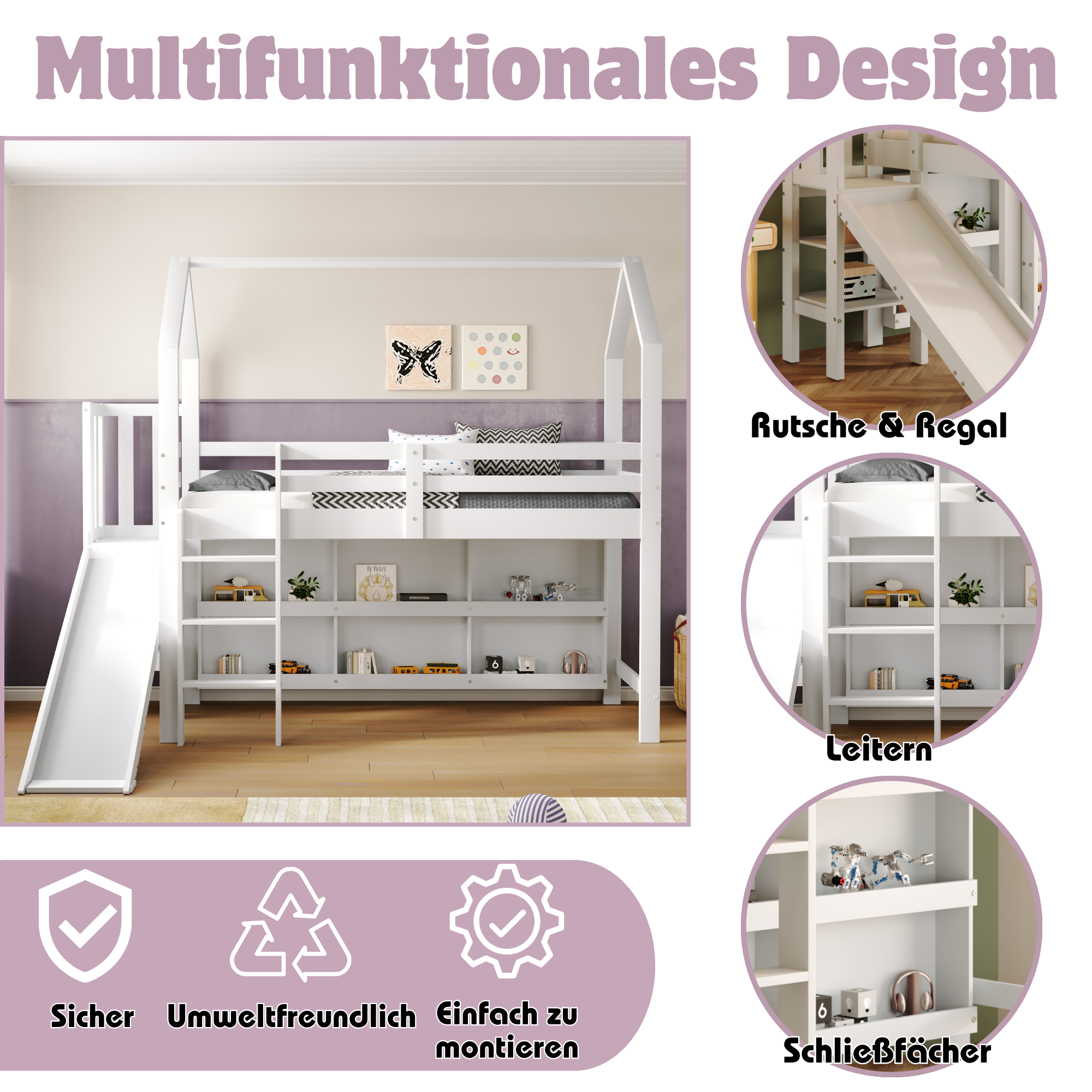 Łóżko piętrowe 90 x 200 cm ze zjeżdżalnią, drabinką, schowkiem i półką - Drewno lite + MDF - Białe (materac nie jest wliczony w cenę) - 5