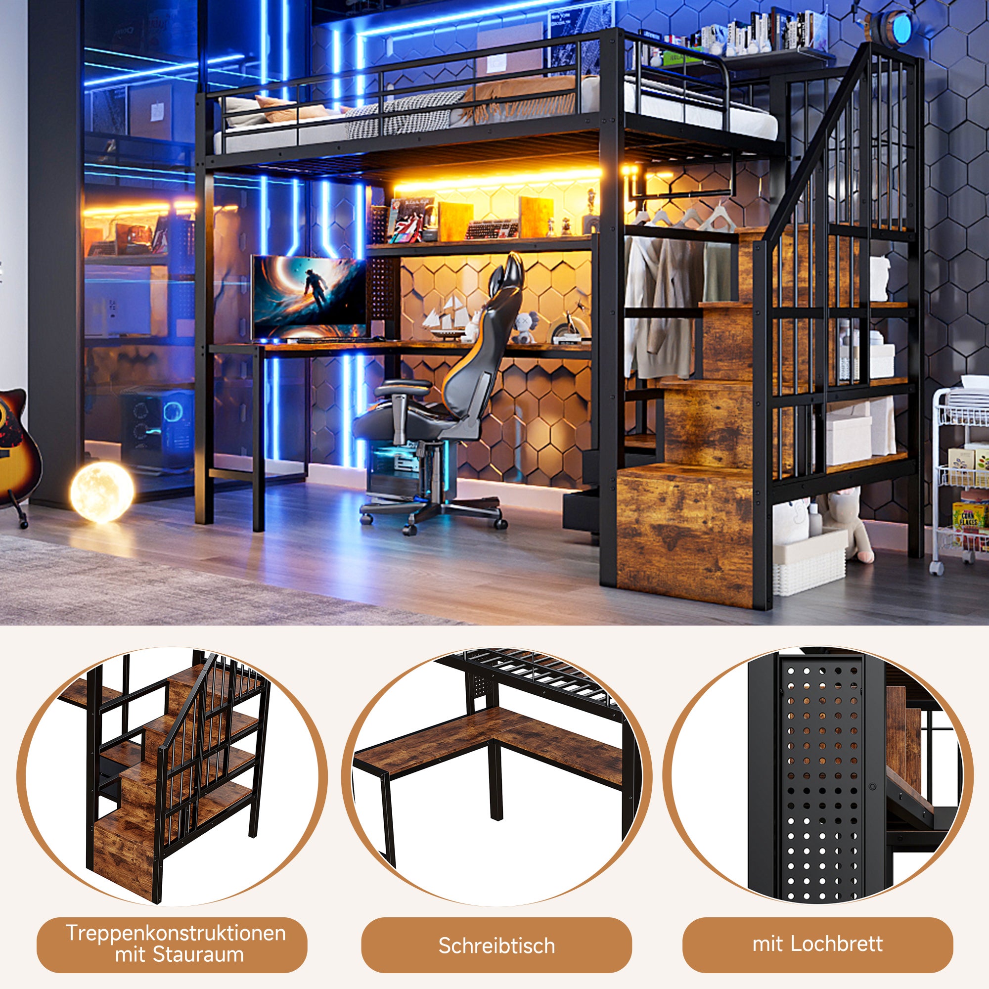 Lit Mezzanine Ado 90x200 cm , avec Bureau, 2 Tiroirs et Éclairage LED , Blanc, MDF et Pin | Leroy Merlin
