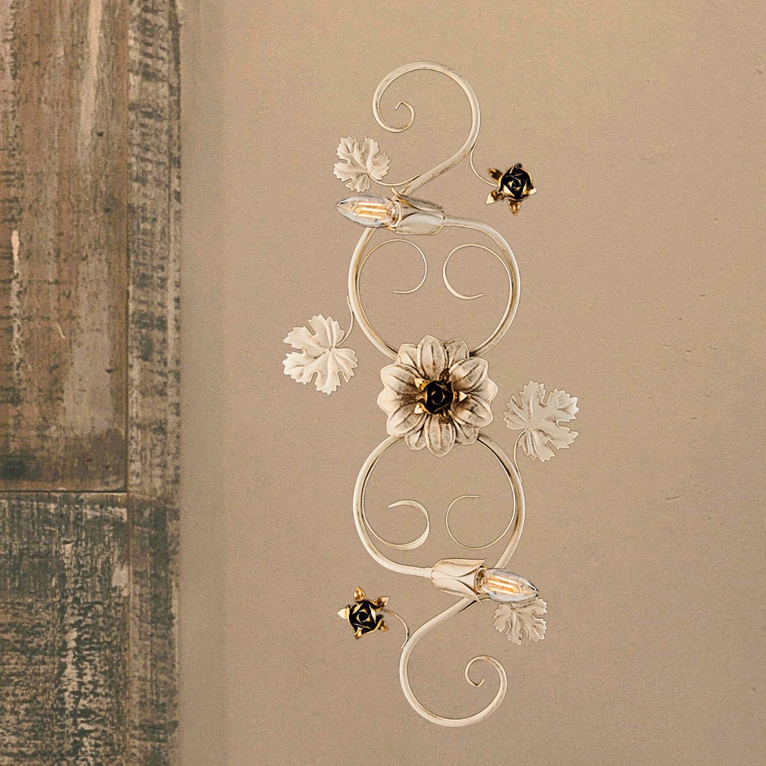 Iris Plafonnier en fer laqué ivoire décor or antique 2 lumières d.74 X 37 BL169-PL2-AV - 3