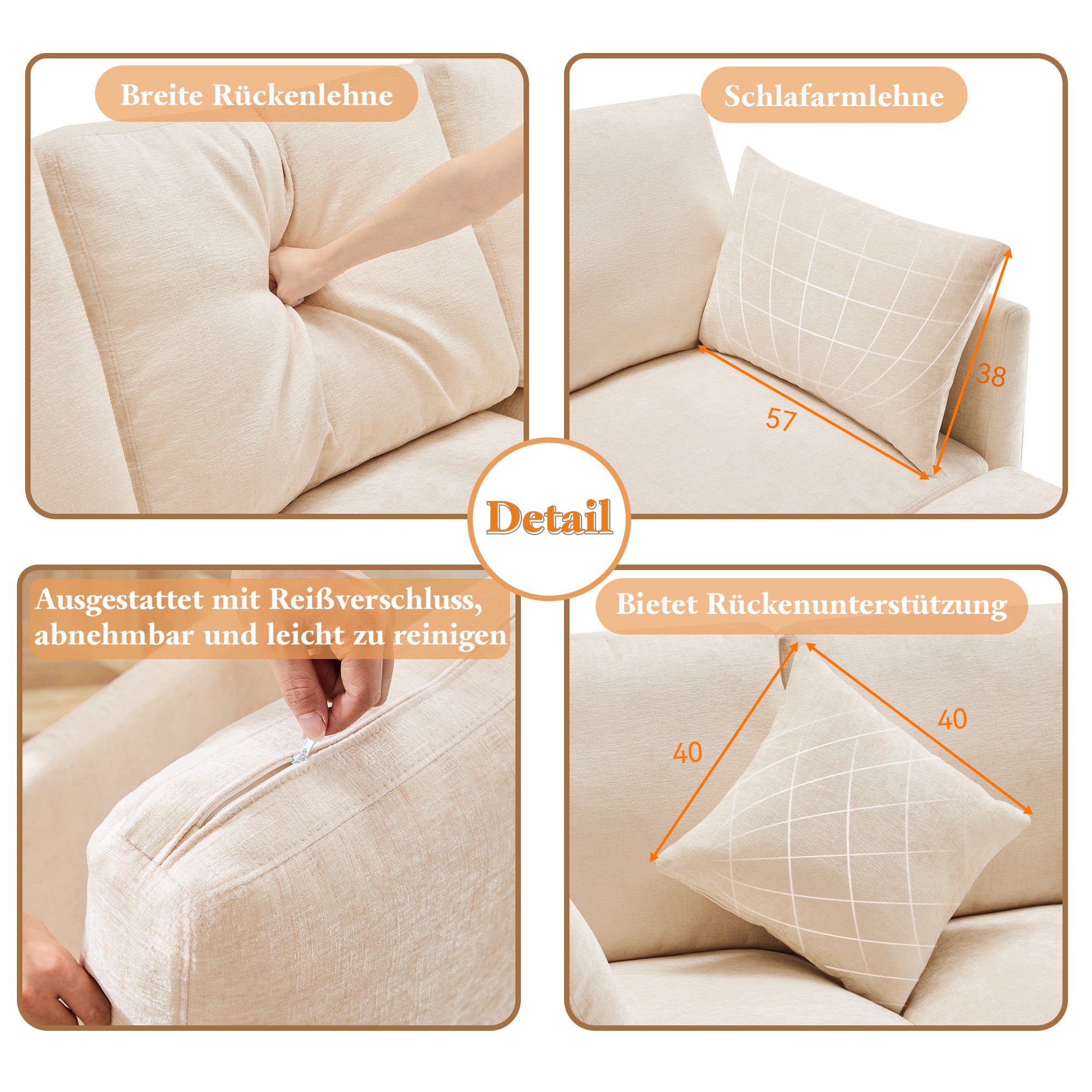 Canapé d'angle 4 places - 216 x 161 x 81 cm - Tissu chenille - Beige - 9
