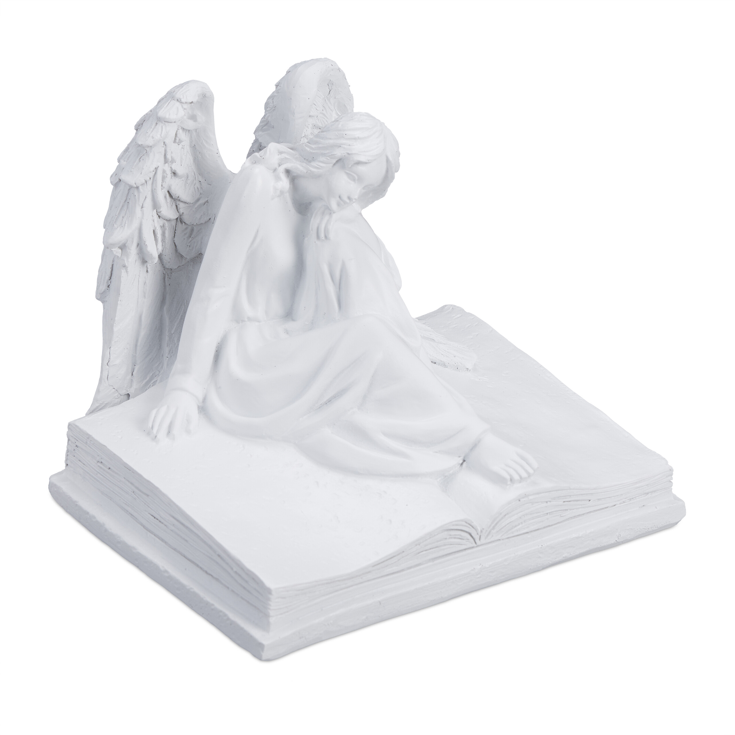 Relaxdays ángel tumbas, resistente intemperie y heladas, 15x17,5x15,5cm, angelito fúnebre en libro, poliresina, blanco
