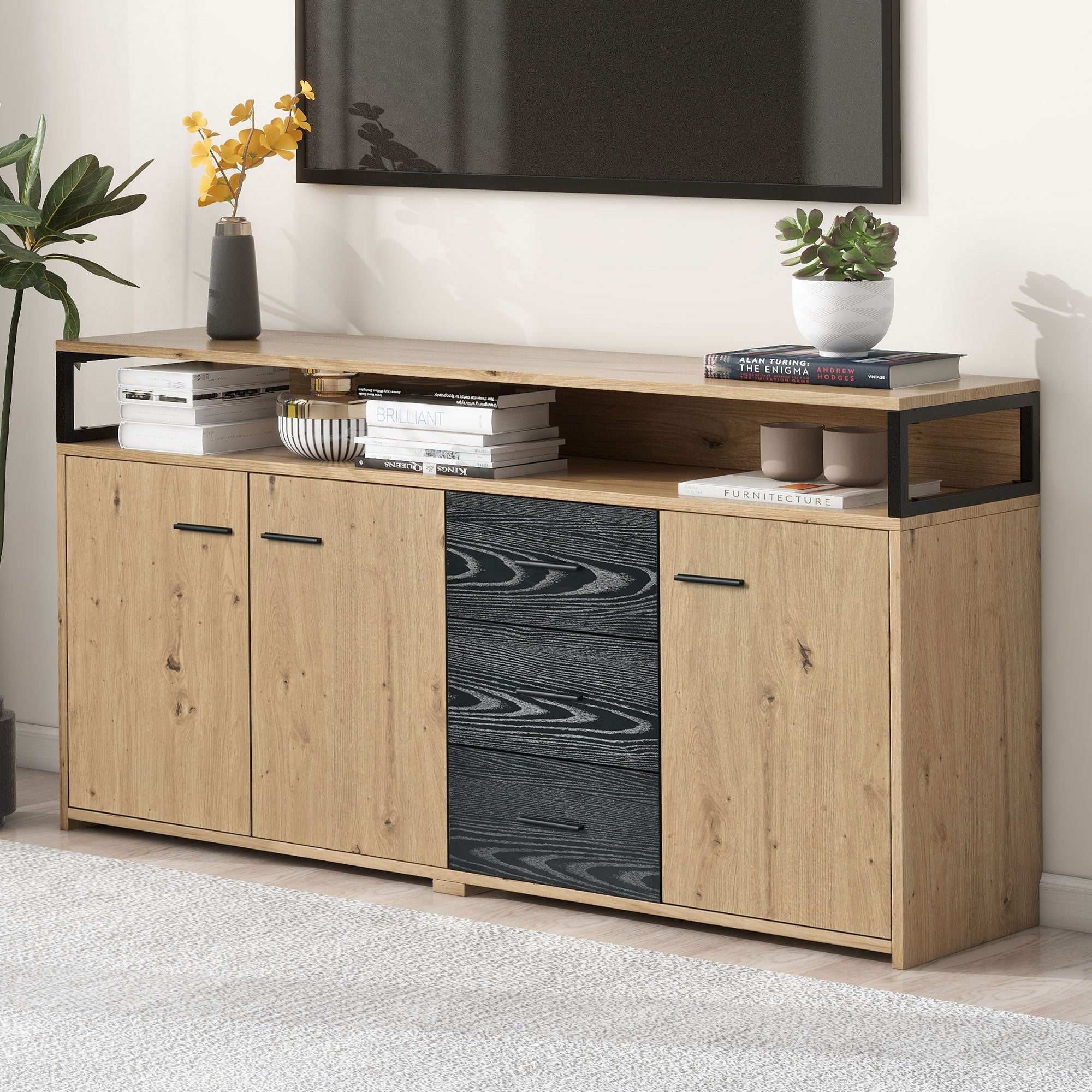 Credenza bassa - 3 ante e 3 cassetti - stile industriale - Naturale e Nero - 2
