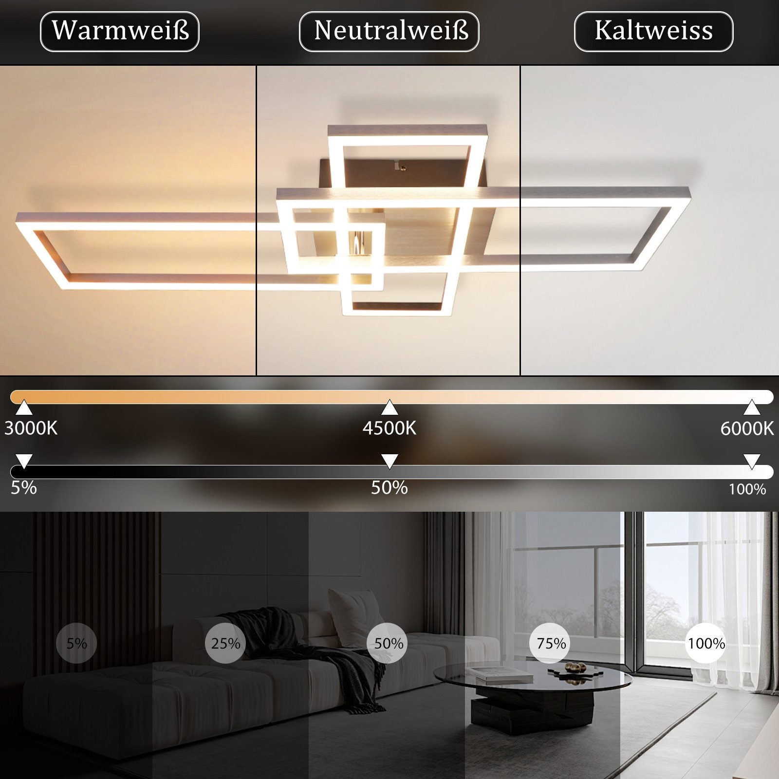 ZMH Czarna lampa sufitowa LED z 3 ramkami, 102 cm, nowoczesna, ściemnialna, do salonu i sypialni - 7