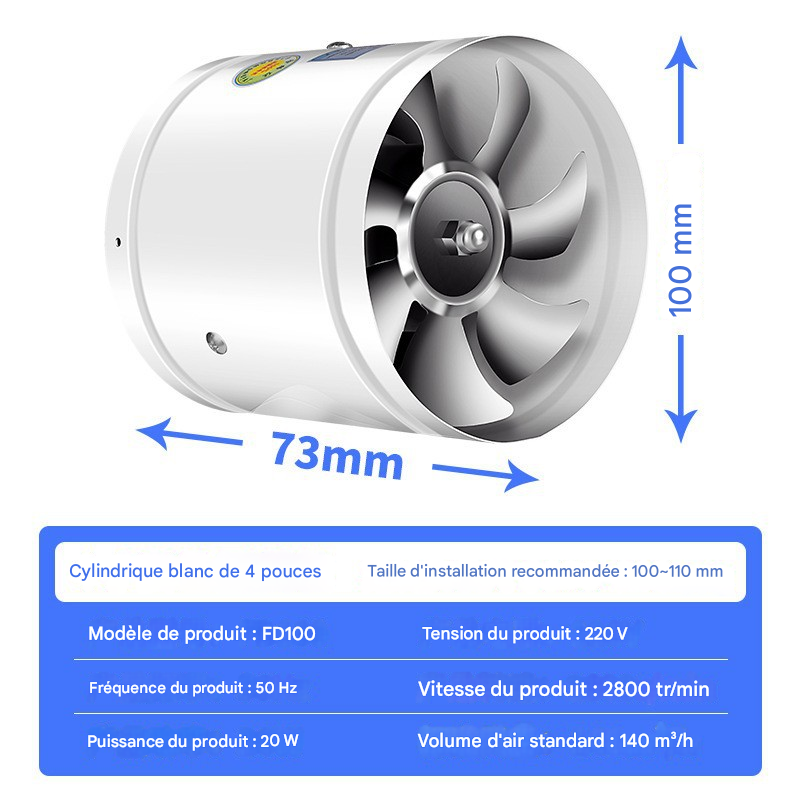 Ventilatore Di Scarico 100mm, 140 M&sup3;/h, 25W, Con Valvola Di Ritorno, Per Bagno/Cucina