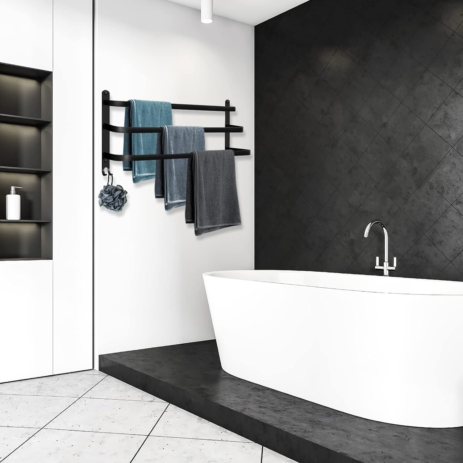 100 pcs Porte Serviettes Salle de Bains,70cm Noir Étanche Barres Porte Serviettes Mural avec Croche - 3