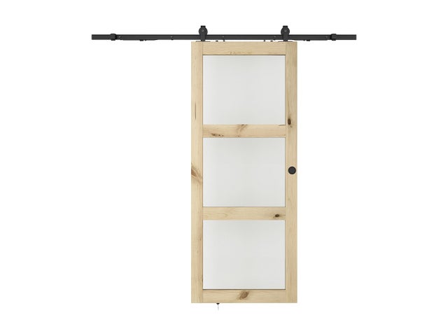 Porte coulissante avec système en applique en bois et verre trempé dépoli - 3 fenêtres - H205 x L63 cm - ACOSTA II
