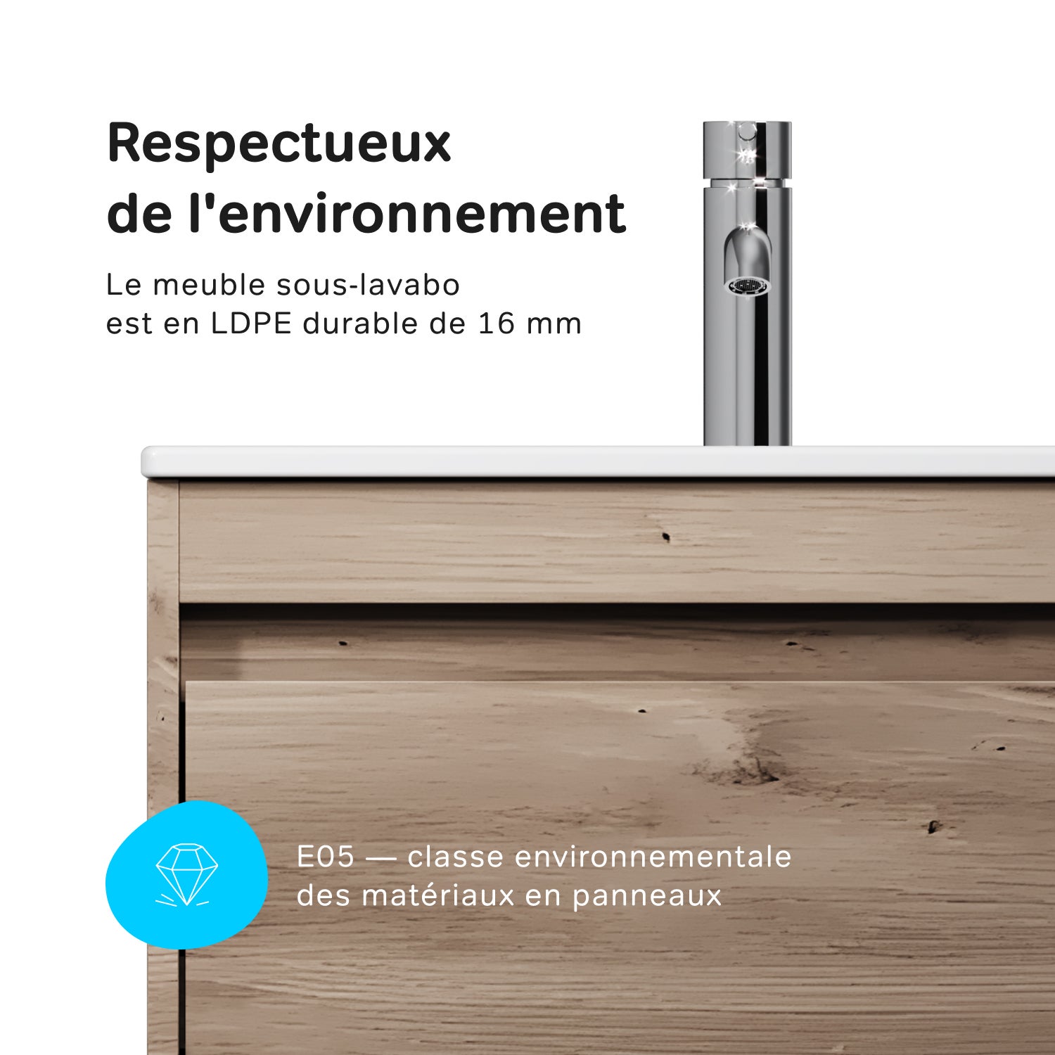 Meuble salle de bains avec Vasque en Céramique Meuble simple vasque suspendu 60 cm effet bois clair avec lavabo intégré, 2 tiroirs, design, AM.PM - 6