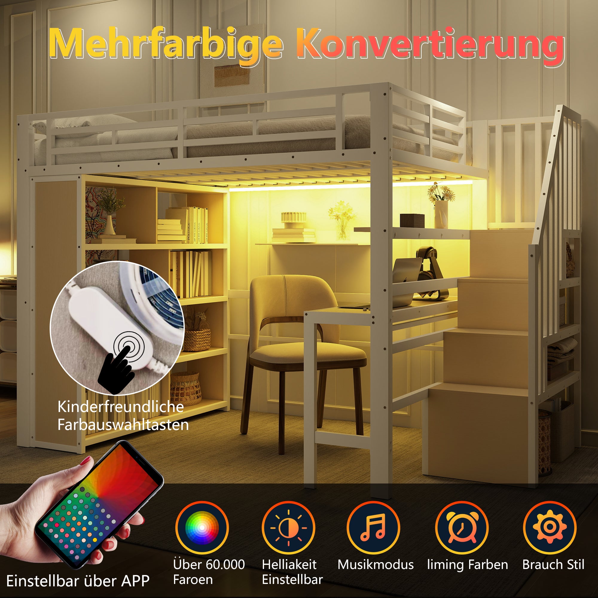 Lit Mezzanine 140x200 avec Bureau Intégré et Éclairage LED, Cadre Métal MDF Blanc, Escalier Rangement Étagères, Sommier à Lattes Inclus, Sans Matelas - 2
