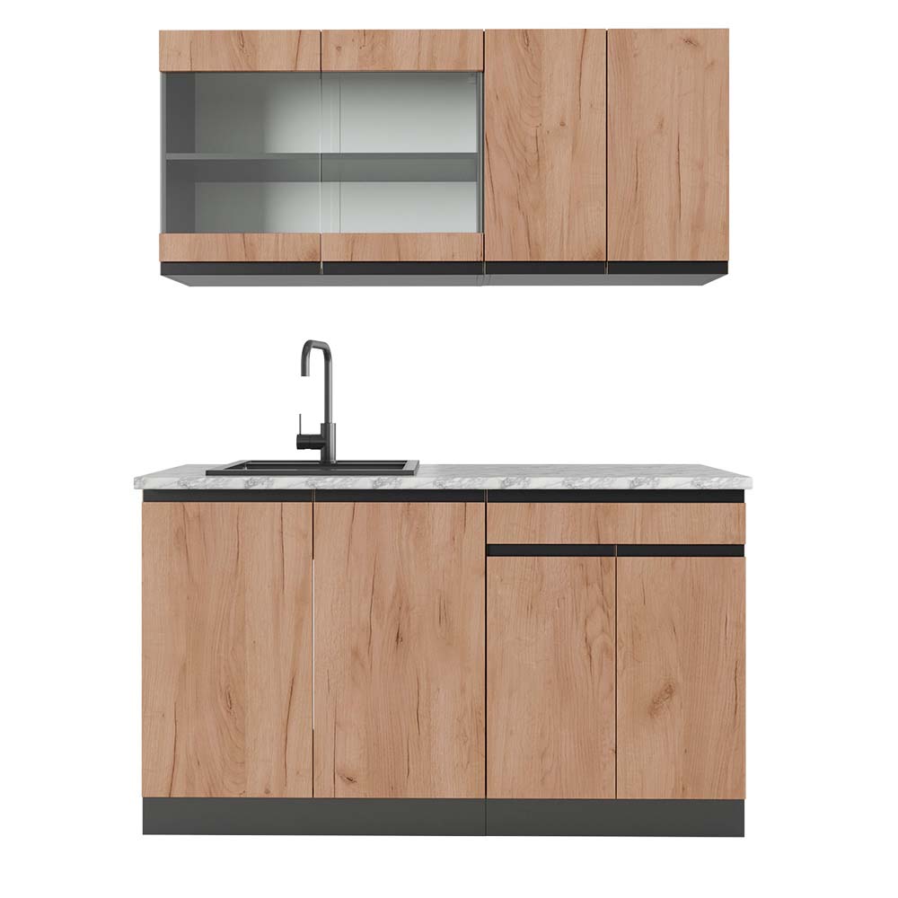 Vicco Pojedyncza kuchnia R-Line, Złoty dąb power/antracyt, 140 cm J-Shape, BP Marmur
