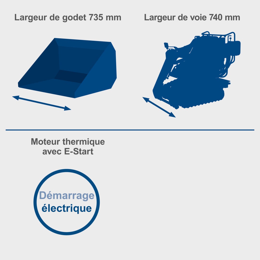 Scheppach Chargeur compact thermique MKL730 - moteur 4 temps 8,5CV - 306 cm³ - charge max. 200 kg - largeur 740 mm - pelle de chargement 80L - 6