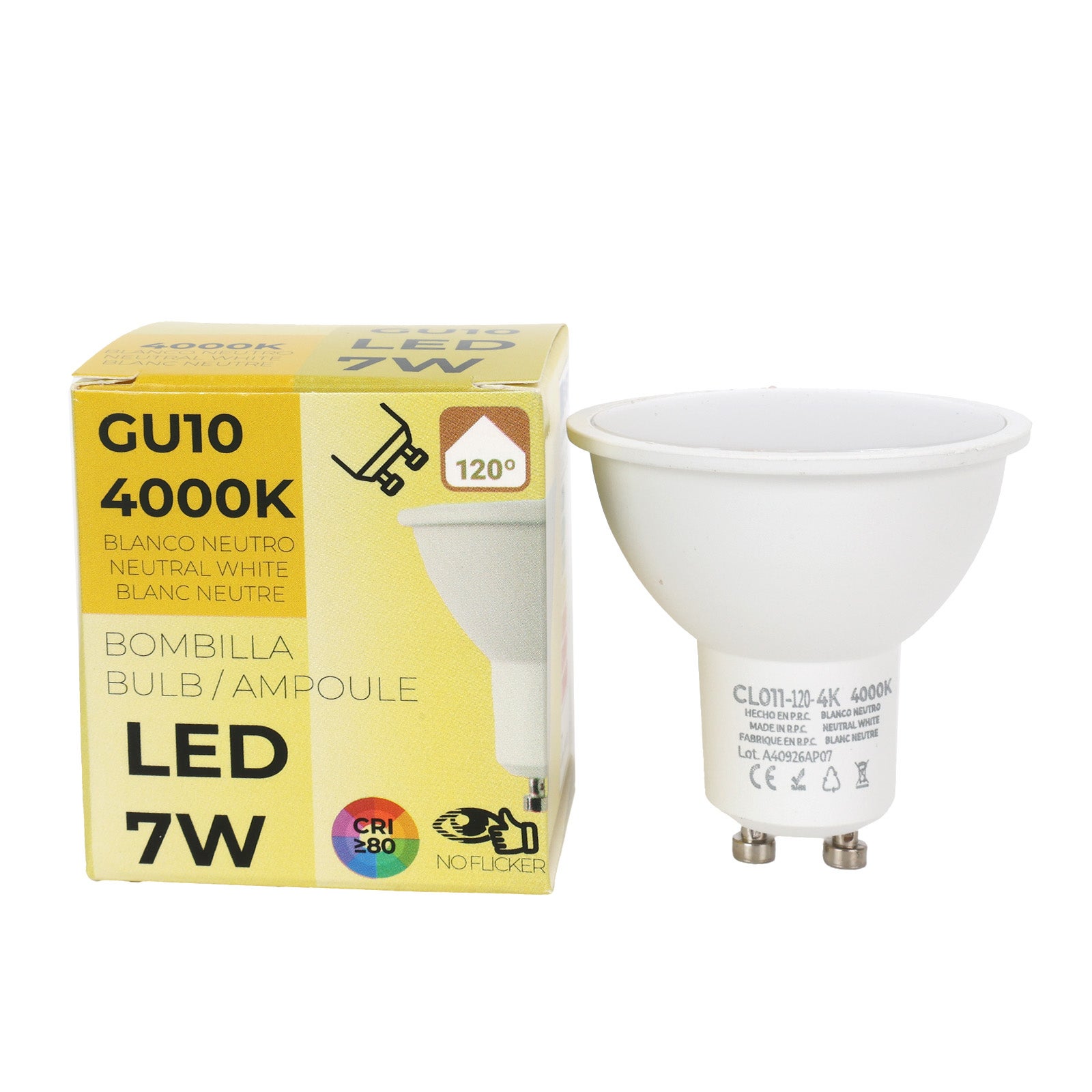 Pack de 10 Bombillas LED GU10 7W 770lm 4000K Blanco Neutro SMD2835 120º – Sin Parpadeo (No Flicker) 220V - 4
