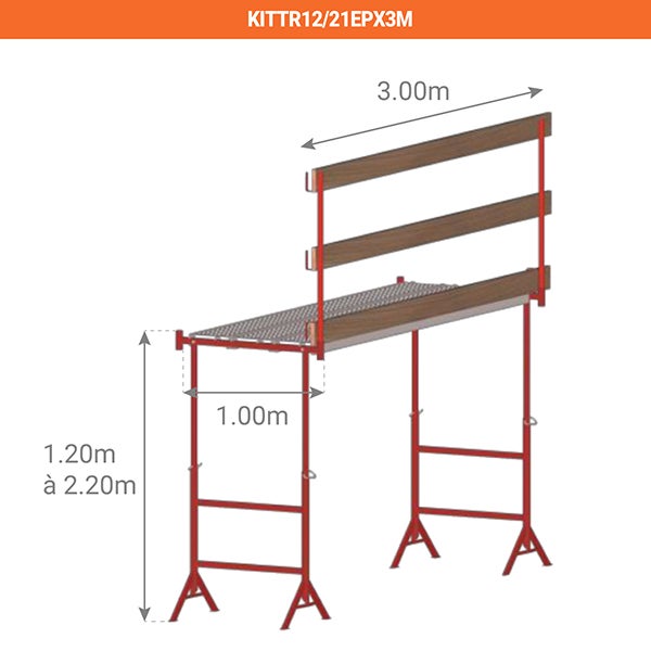 Echafaudage télescopique 1.20 à 2.20m - Longueur 3.00m - Garde-corps - KITTR12/21EPX3M/GC - 2