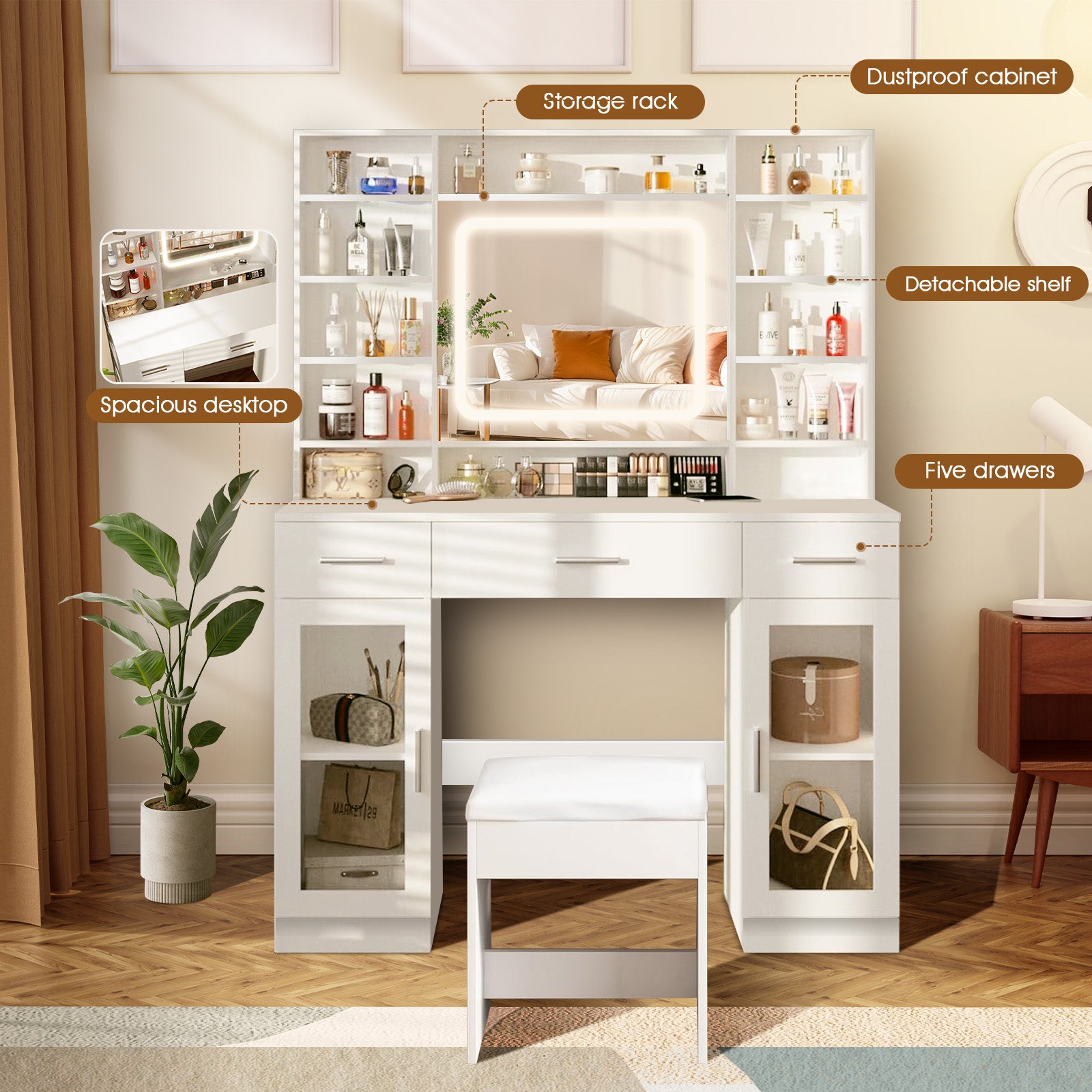 Coiffeuse avec miroir LED en MDF Blanc H. 140 x l. 110 x P. 39.9 cm - 5
