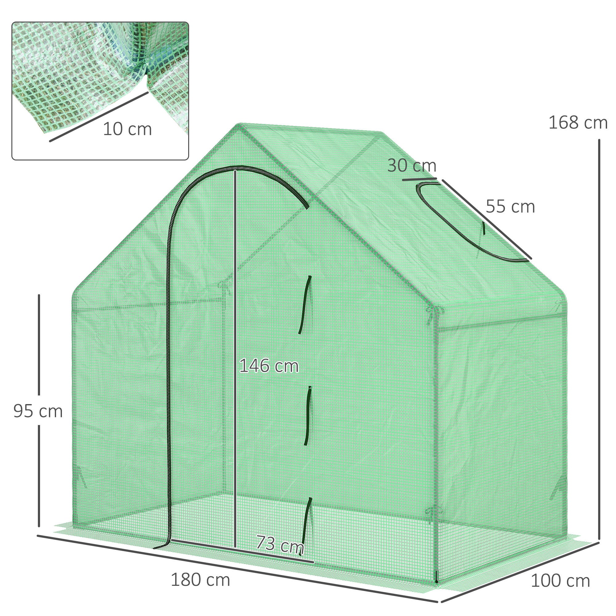 Serre portable 180 x 99 x 168 cm avec porte zippée et fenêtre sur le dessus, idéale pour l'extérieur (jardin, terrasse), couverture en PE, verte. - 3