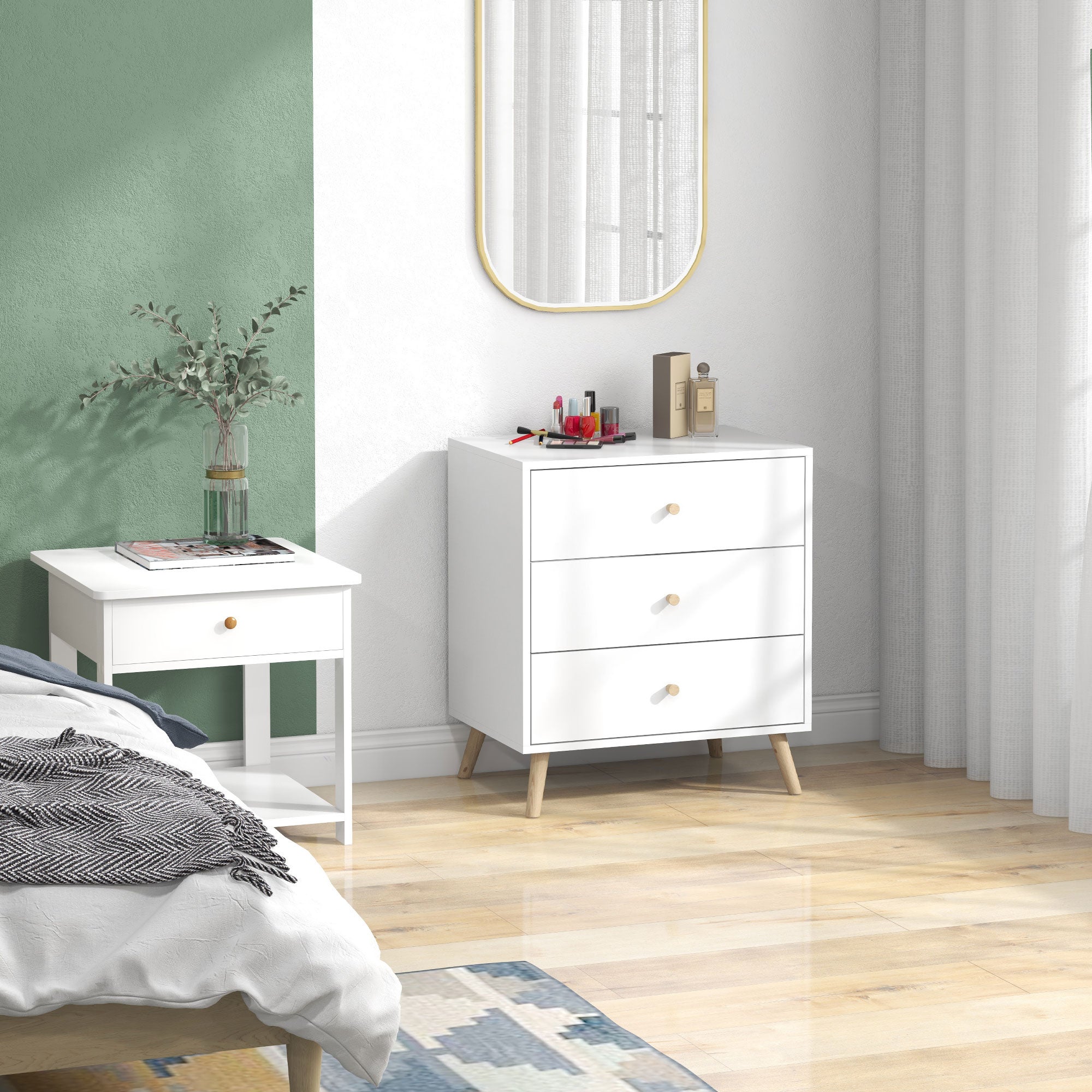 Commode 3 tiroirs Design scandinave Meuble de Rangement Chambre MDF Blanc poignée piètement effilé Bois Massif de pin - 3