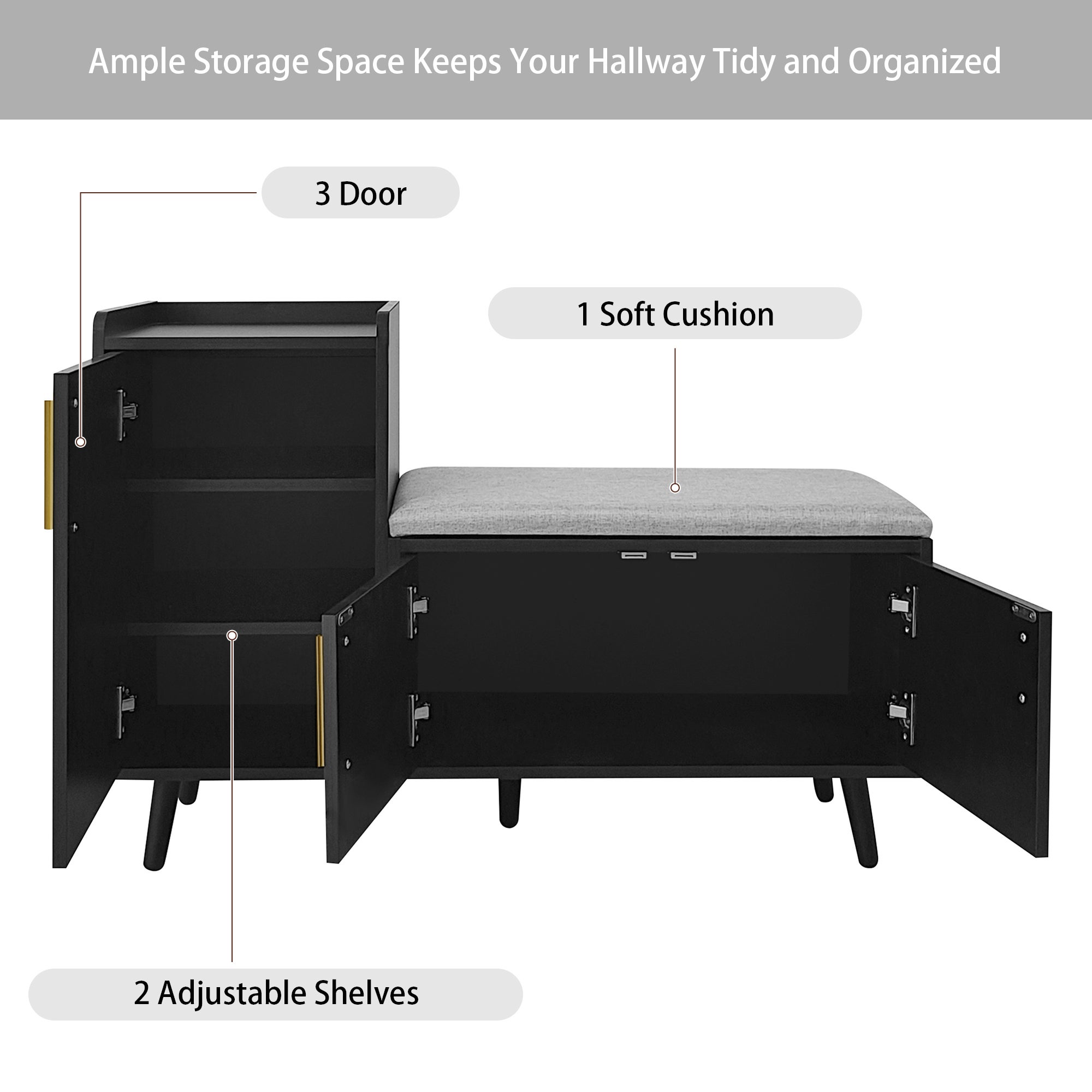 Banc à chaussures moderne avec 3 portes de rangement, poignées métalliques asymétriques, niveaux multiples, dims: L100×P34×H69 cm - 6