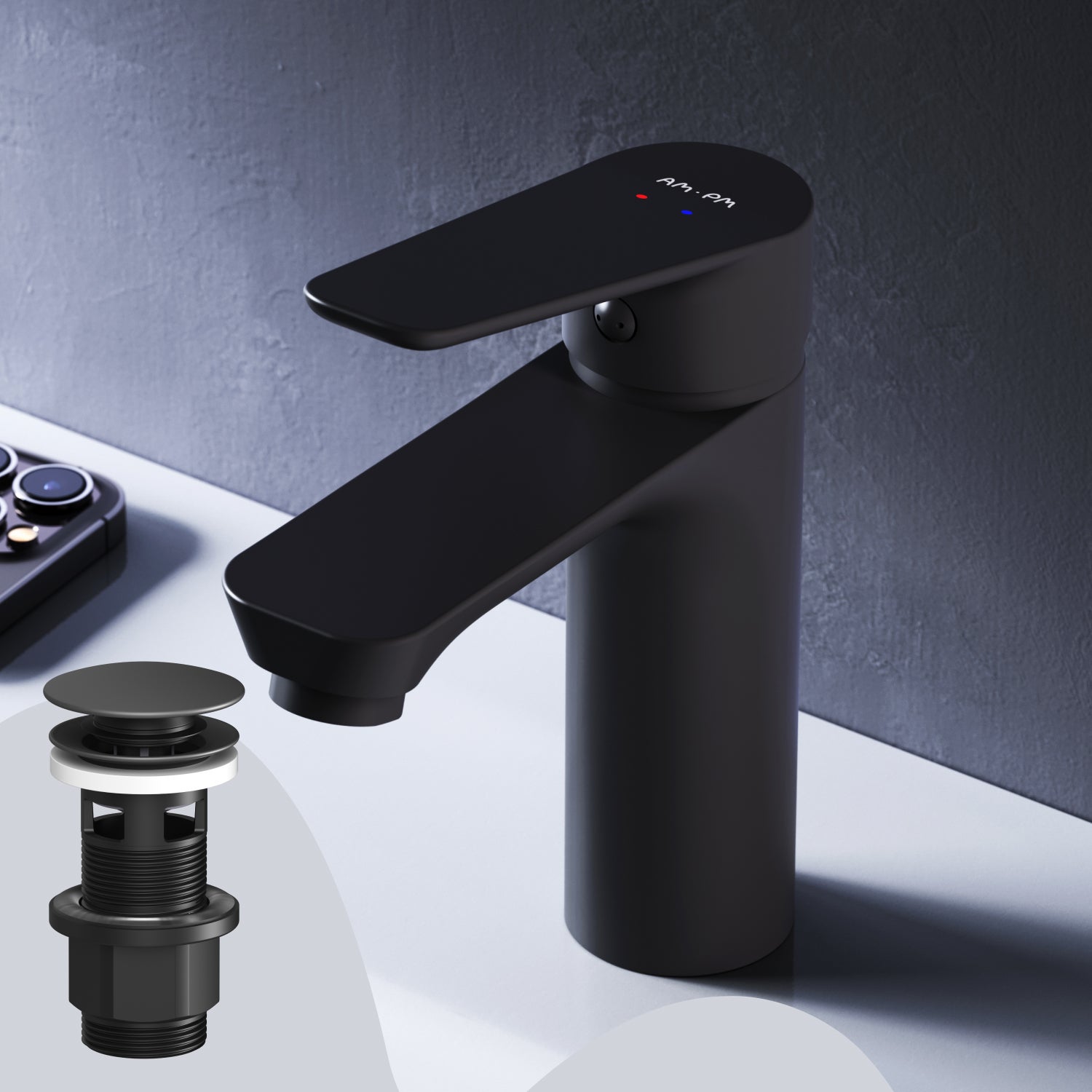 Bateria umywalkowa z wyciąganym odpływem, czarna, rozmiar M, FTA82222 AM.PM