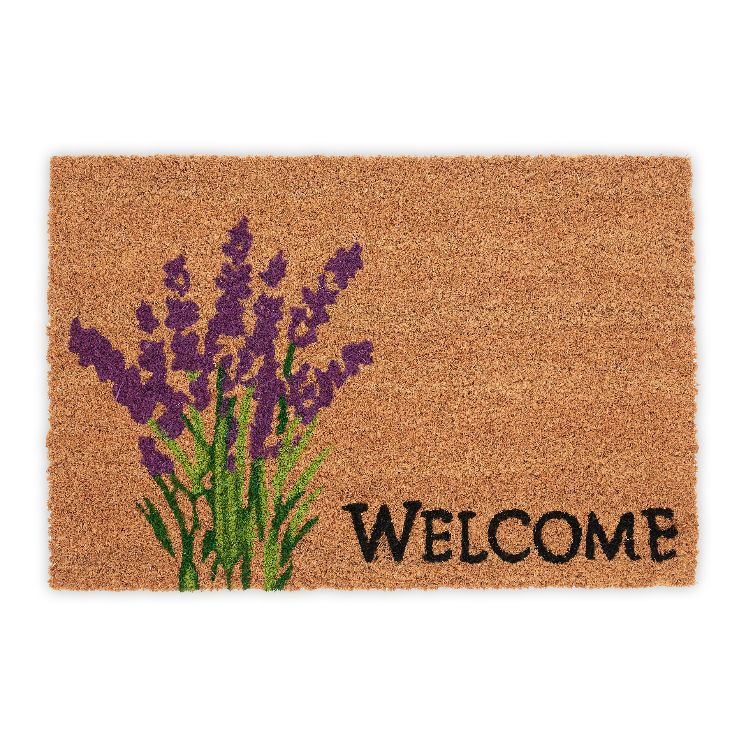 Relaxdays felpudo de entrada, coco, welcome, alfombrilla puerta, planta lavanda, 40x60 cm, interior/exterior, multicolor