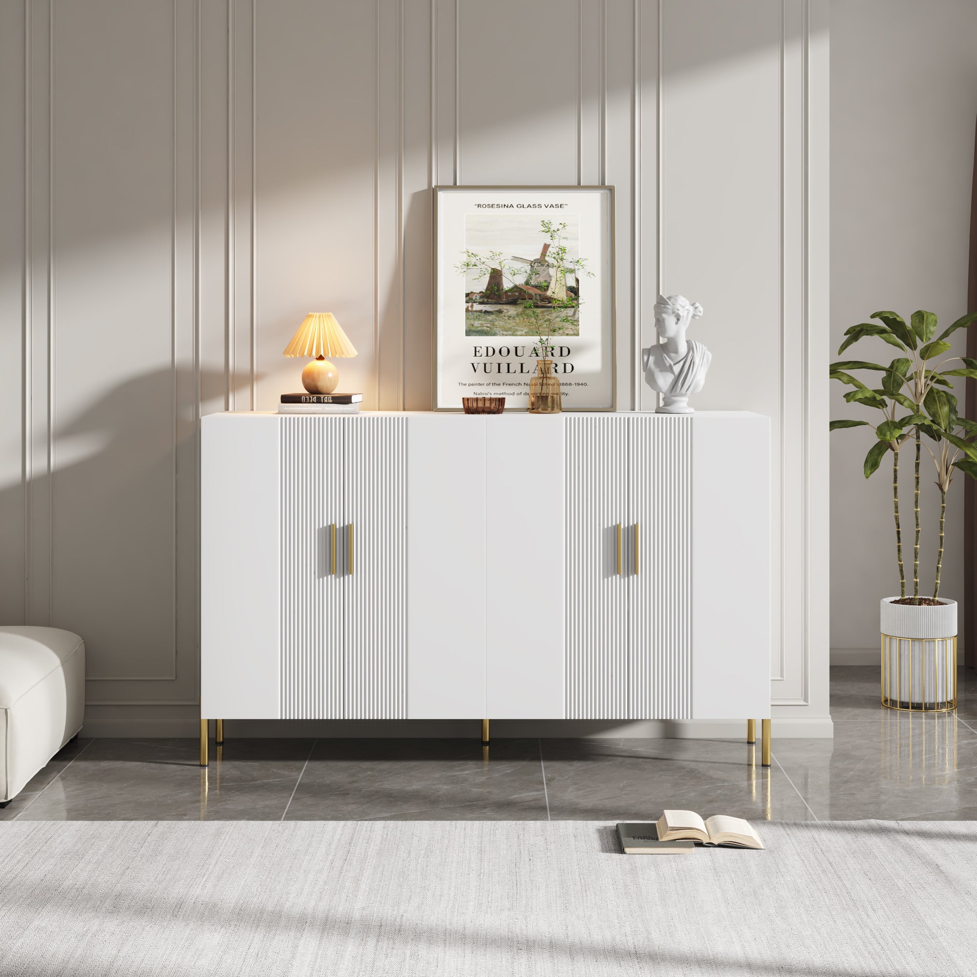 Buffet moderne avec 4 portes - 160 x 36.5 x 100 cm - Panneaux de particules - pour salle à manger - Blanc - 3
