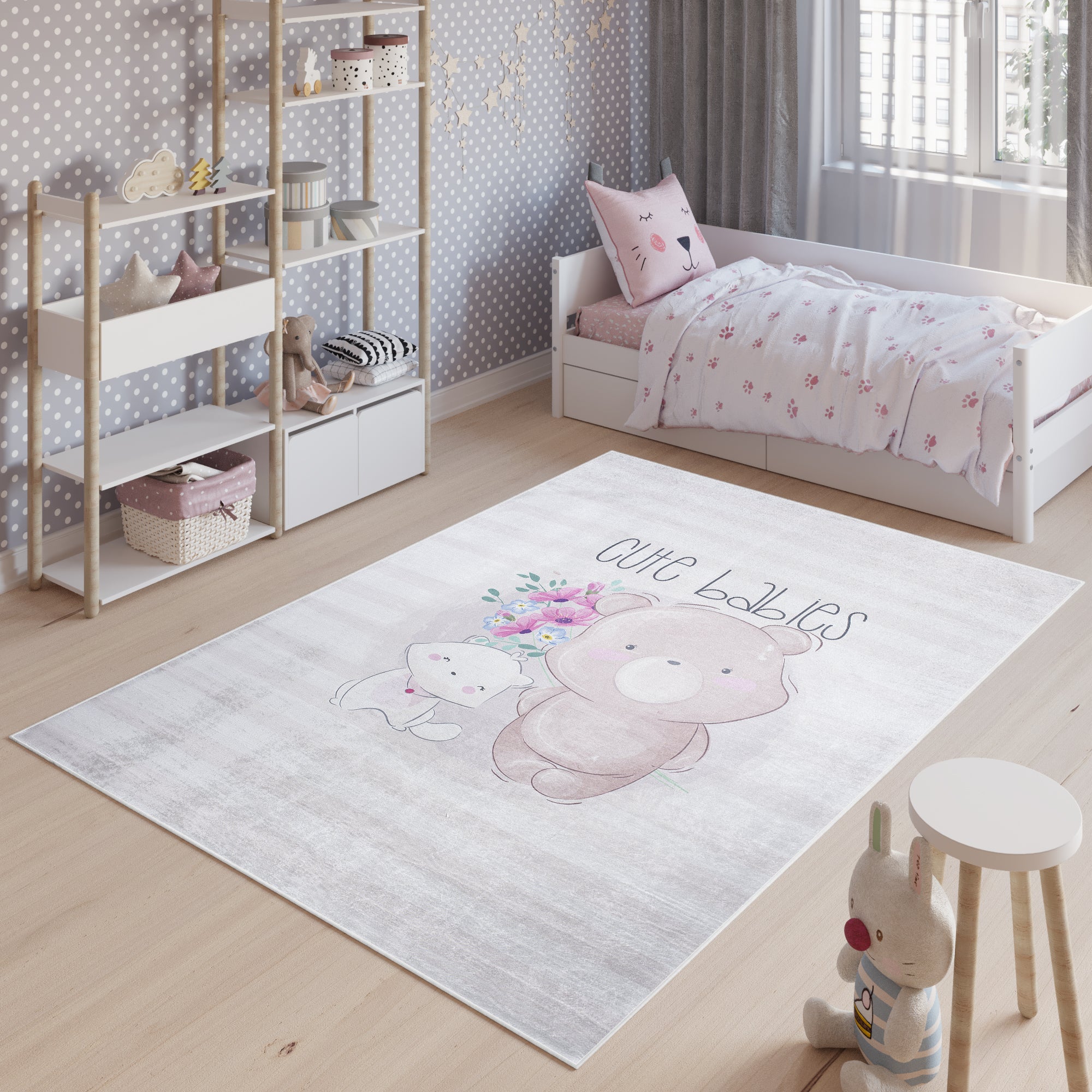 Tapiso emma alfombra antideslizante cuarto de niños gris castaño rosa azul gatito oso flores fina lavable 80 x 150 cm