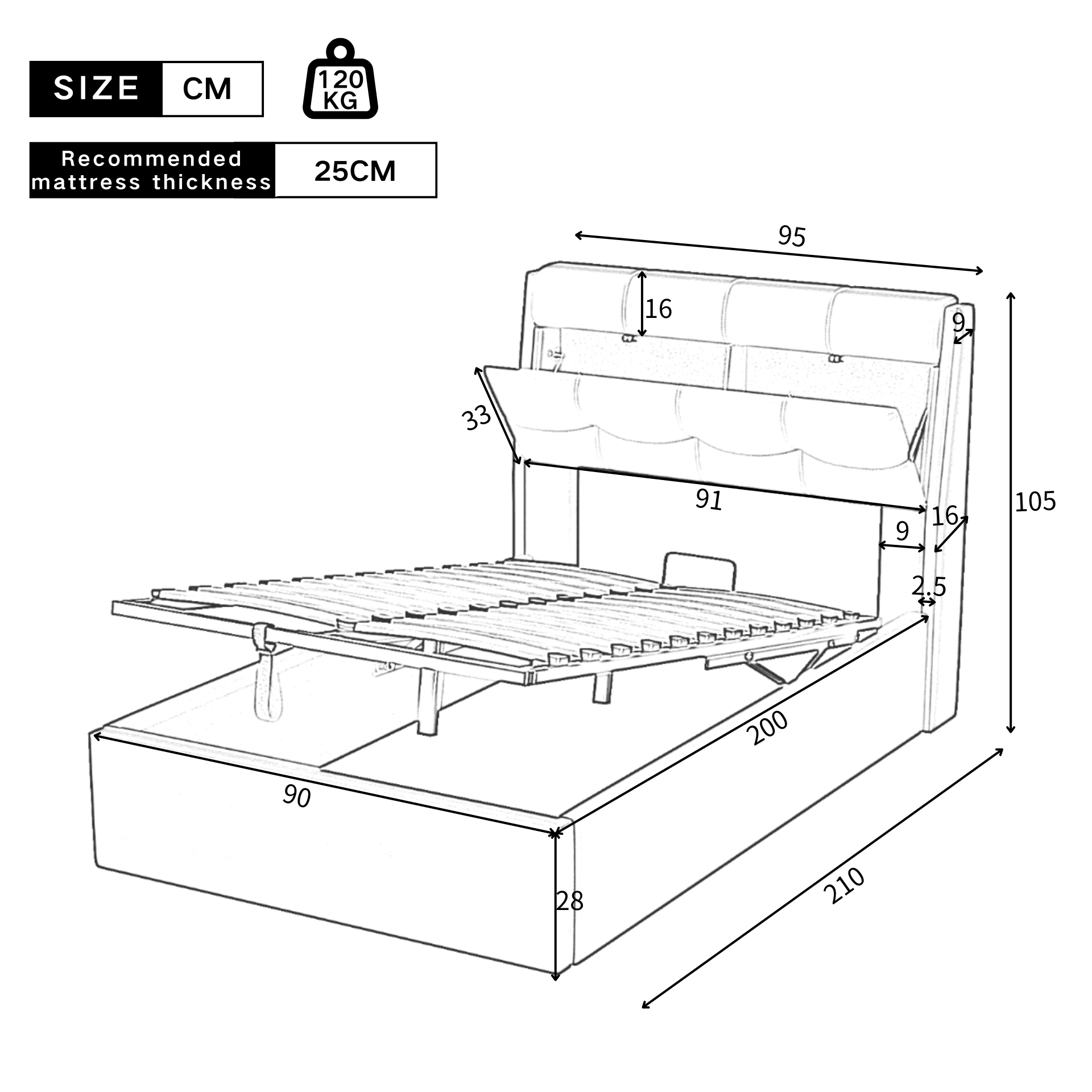 Lit coffre 90 x 200 cm avec tête de lit rangement - LEDs - Cuir PU - Noir (sans matelas) - 7