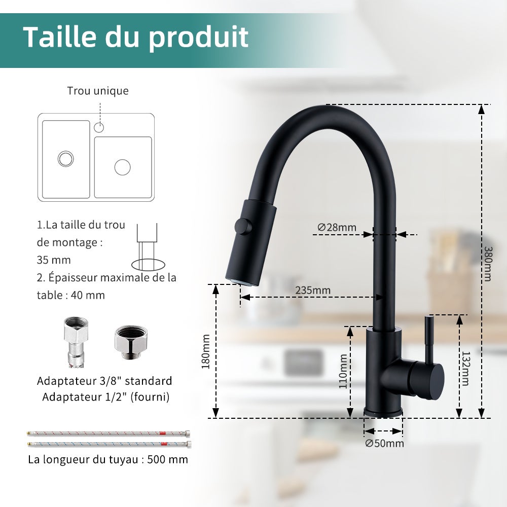 Mitigeur de Cuisine Noir Robinet d'évier avec Douchette Extractible Robinet Cuisine 2 Jets au Choix Pivotant à 360° - 8