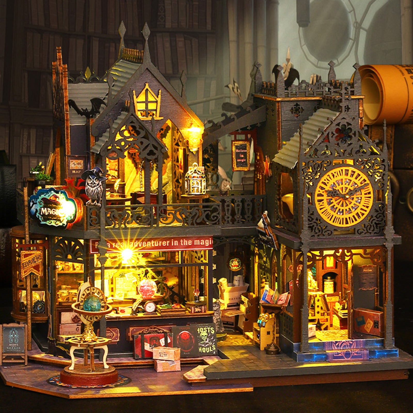 Kit DIY château miniature 3D avec LED et capot anti-poussière, en bois, melticolor, sans piles - 9
