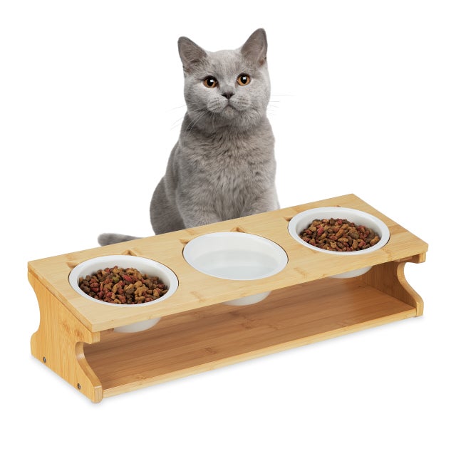 Comedouro para gatos, 3 tigelas de 400 ml, em bambu e cerâmica, lavável na máquina, natural/branco, Relaxdays