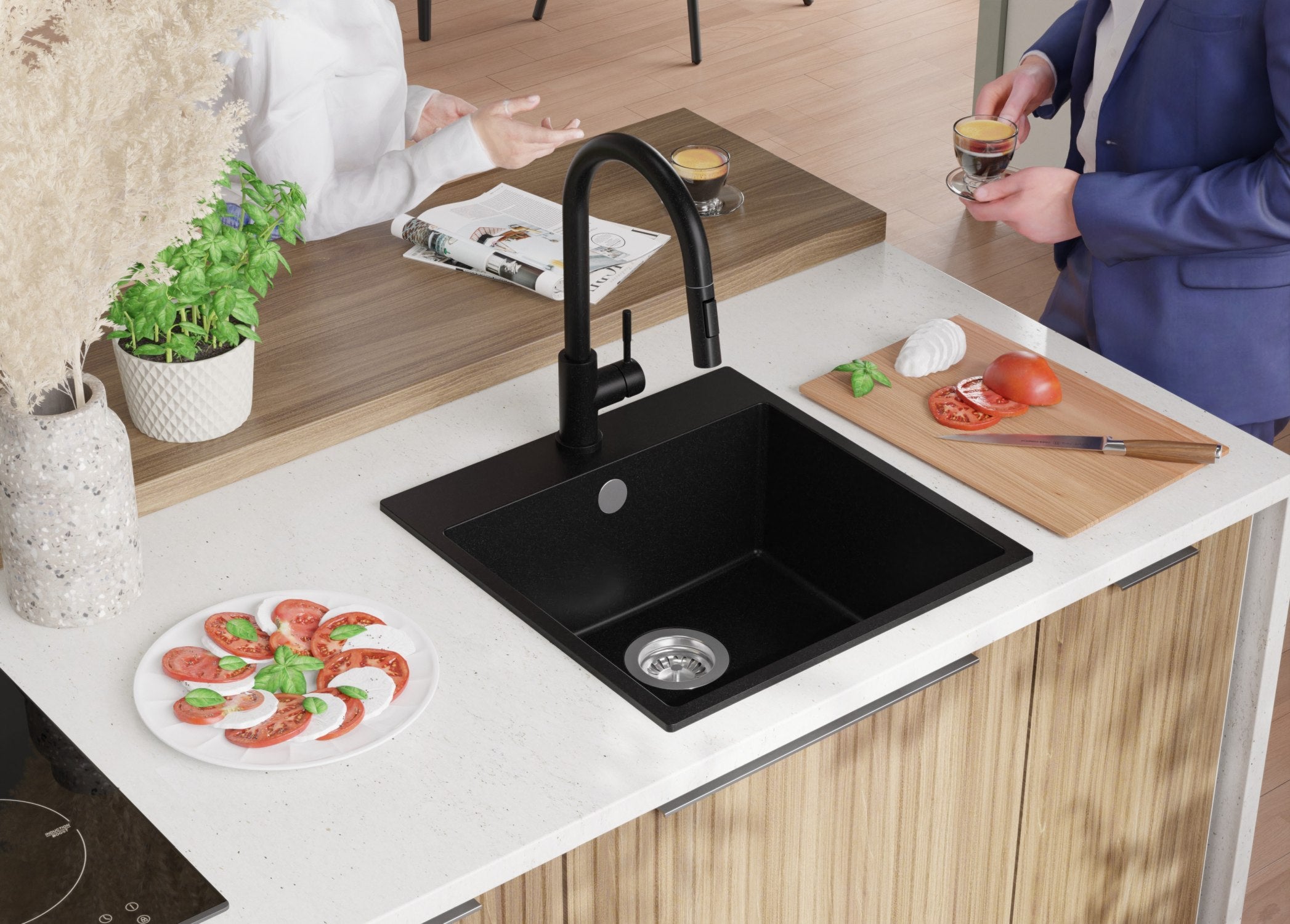 Evier Cuisine en Granit Noir 48x50cm, Lavabo 1 bac + Kit de Vidage, Évier à Encastrer au meuble 50cm - Riga PRIMAGRAN - 4