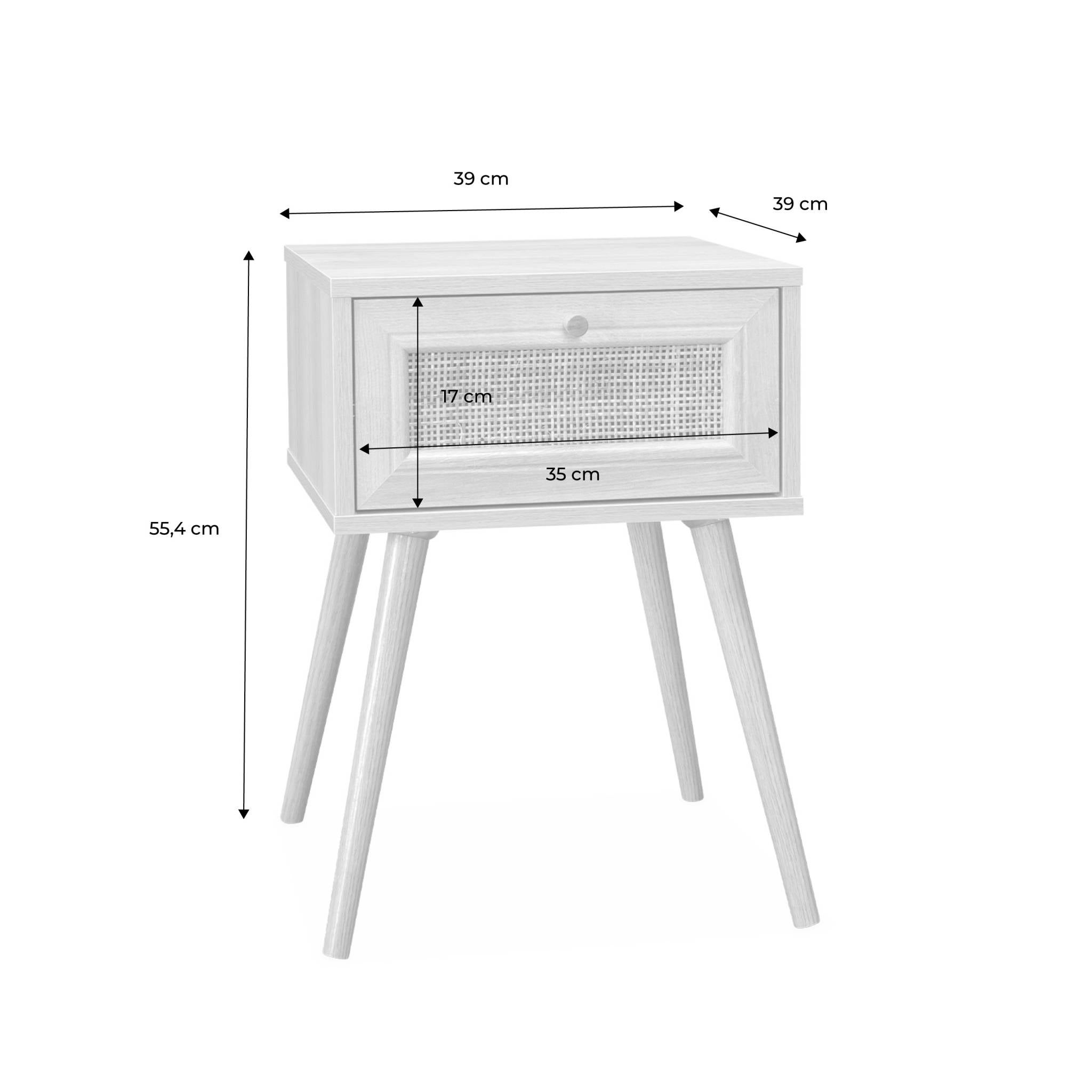 Mesita de noche de 1 cajón con efecto madera y caña, set de 2, Blanco roto - 4