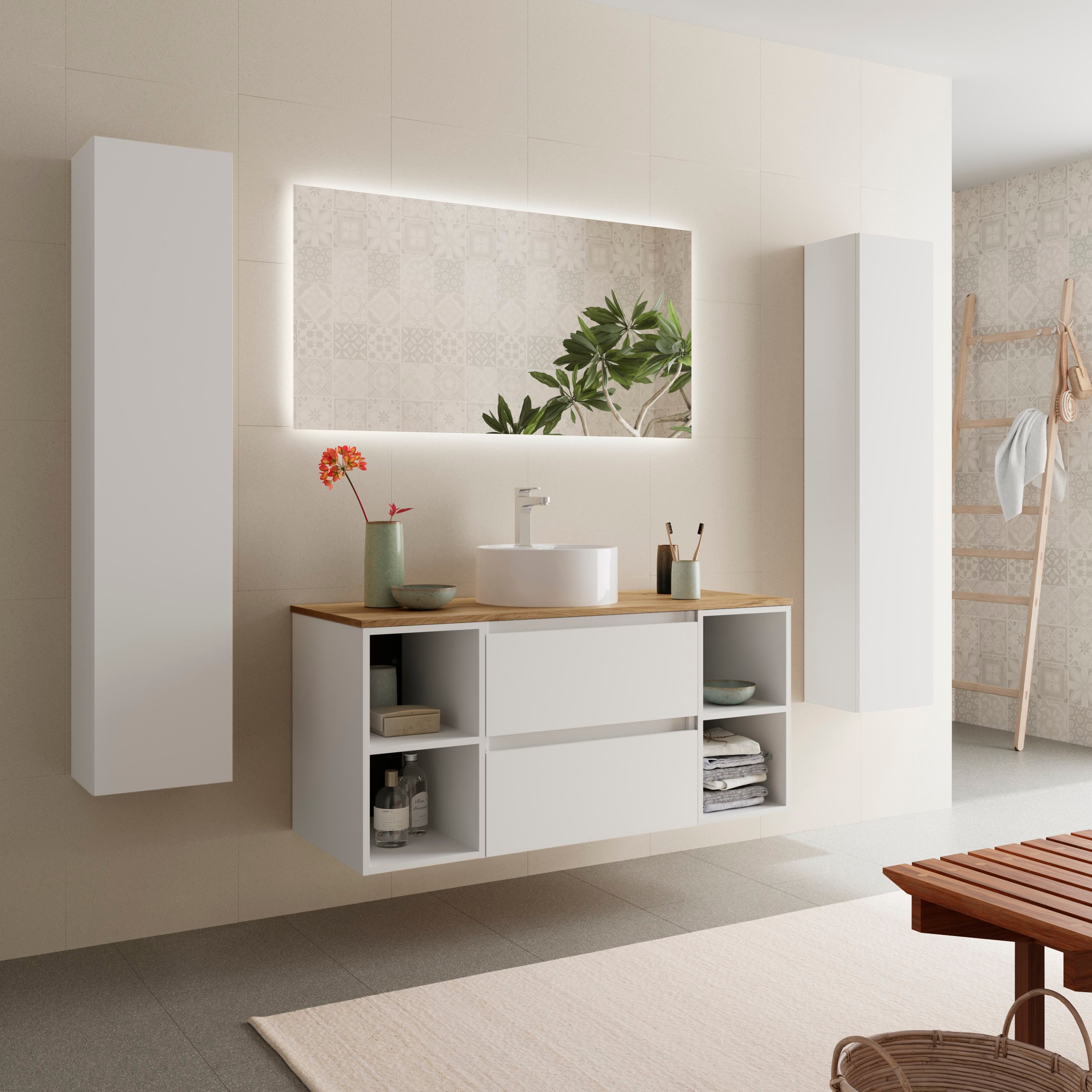 Meuble de salle de bain BEQUIA Plus 120cm Blanc mat | Vasque à poser Porcelaine Centrale - 2